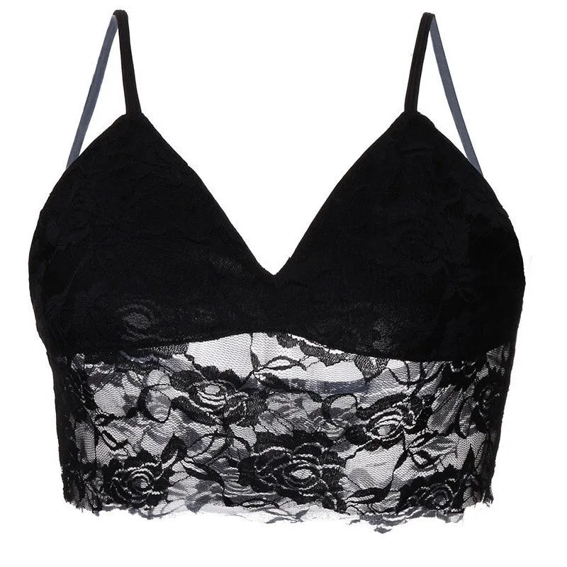 2 Colors Women Bustier Crop Top Deep V Neck Sleeveless Lace Floral Camisole Solid Tank Tops