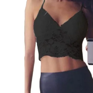 2 Colors Women Bustier Crop Top Deep V Neck Sleeveless Lace Floral Camisole Solid Tank Tops