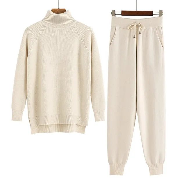 2 Pieces Set Women Knitted Tracksuit Turtleneck Sweater   Carrot Jogging Pants Pullover Sweater Set CHIC Knitted Outwear