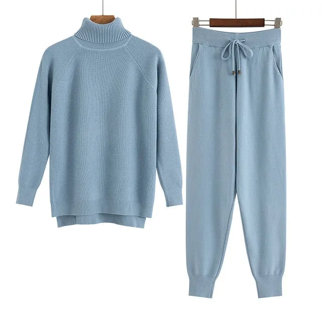 2 Pieces Set Women Knitted Tracksuit Turtleneck Sweater   Carrot Jogging Pants Pullover Sweater Set CHIC Knitted Outwear