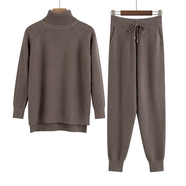 2 Pieces Set Women Knitted Tracksuit Turtleneck Sweater   Carrot Jogging Pants Pullover Sweater Set CHIC Knitted Outwear