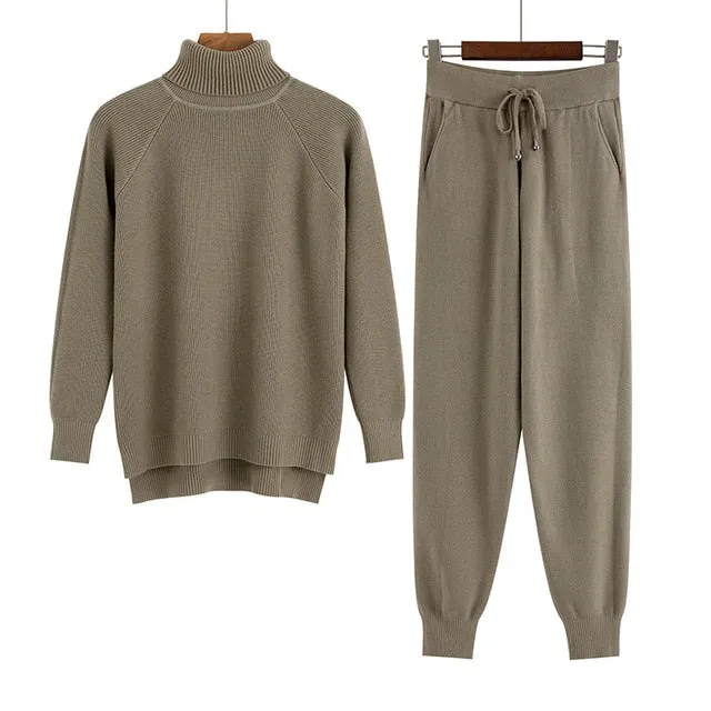 2 Pieces Set Women Knitted Tracksuit Turtleneck Sweater   Carrot Jogging Pants Pullover Sweater Set CHIC Knitted Outwear