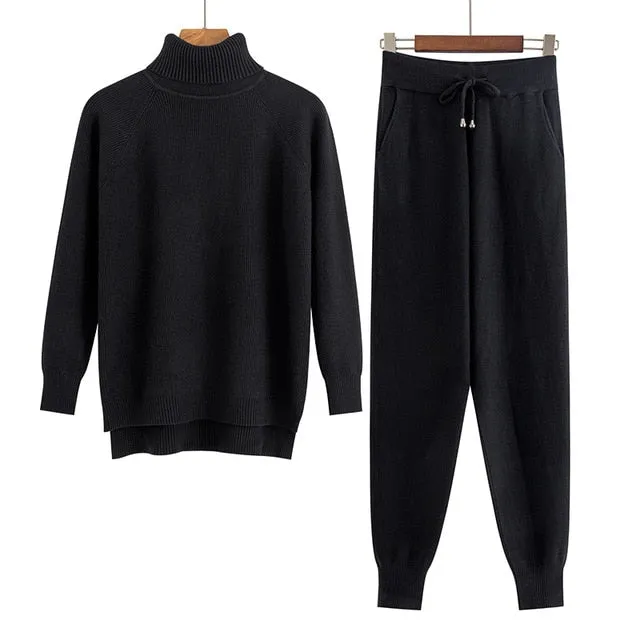 2 Pieces Set Women Knitted Tracksuit Turtleneck Sweater   Carrot Jogging Pants Pullover Sweater Set CHIC Knitted Outwear