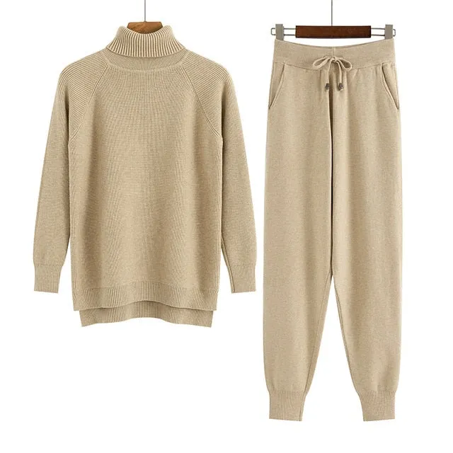 2 Pieces Set Women Knitted Tracksuit Turtleneck Sweater   Carrot Jogging Pants Pullover Sweater Set CHIC Knitted Outwear