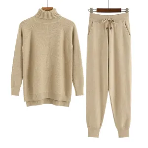 2 Pieces Set Women Knitted Tracksuit Turtleneck Sweater   Carrot Jogging Pants Pullover Sweater Set CHIC Knitted Outwear