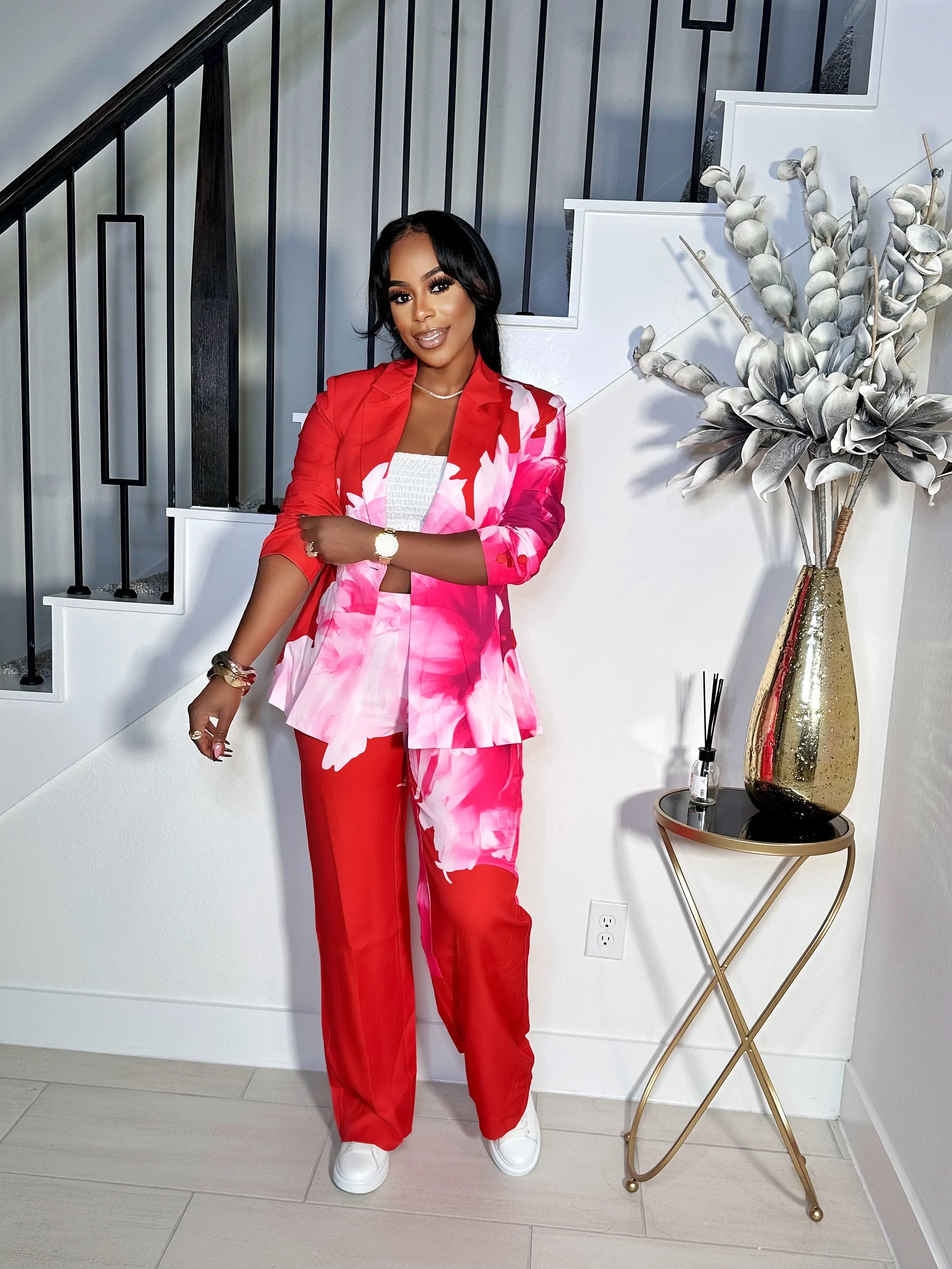 ALL THINGS FLORAL BLAZER PANTS SET (PINK/RED)