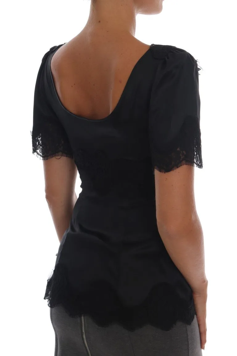 Black Lace Stretch Silk Blouse
