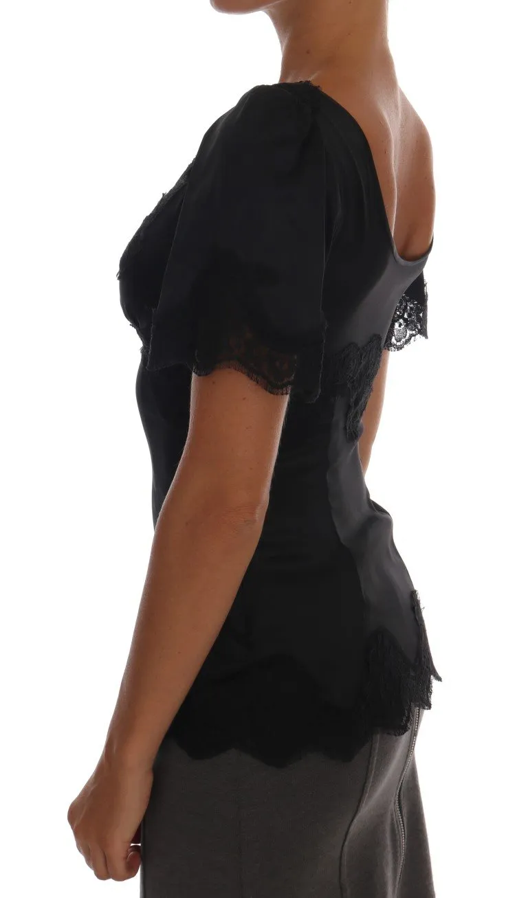 Black Lace Stretch Silk Blouse