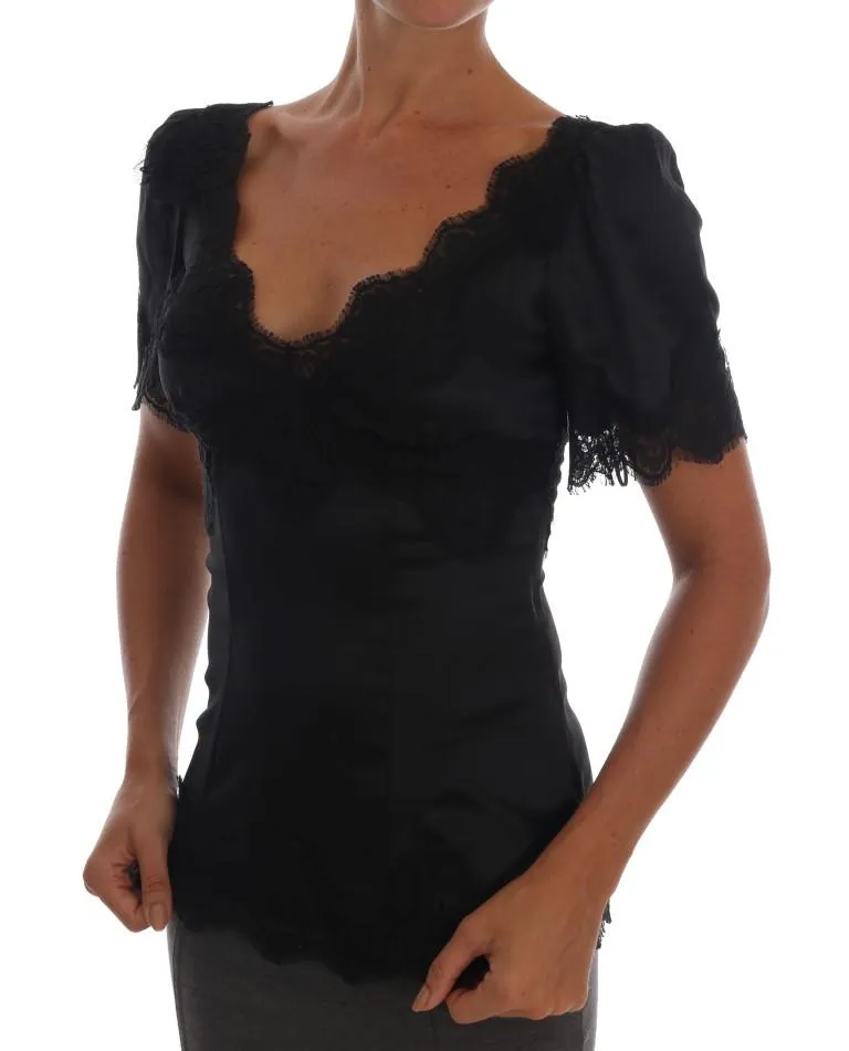 Black Lace Stretch Silk Blouse