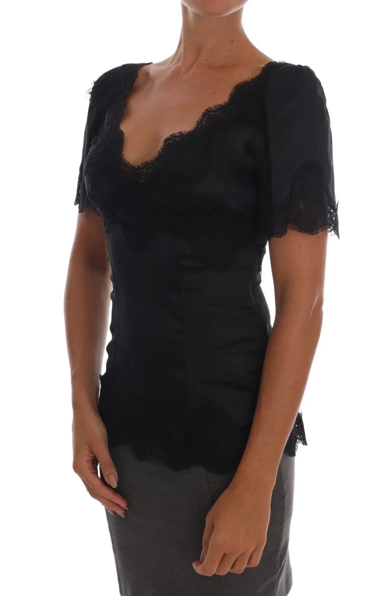 Black Lace Stretch Silk Blouse