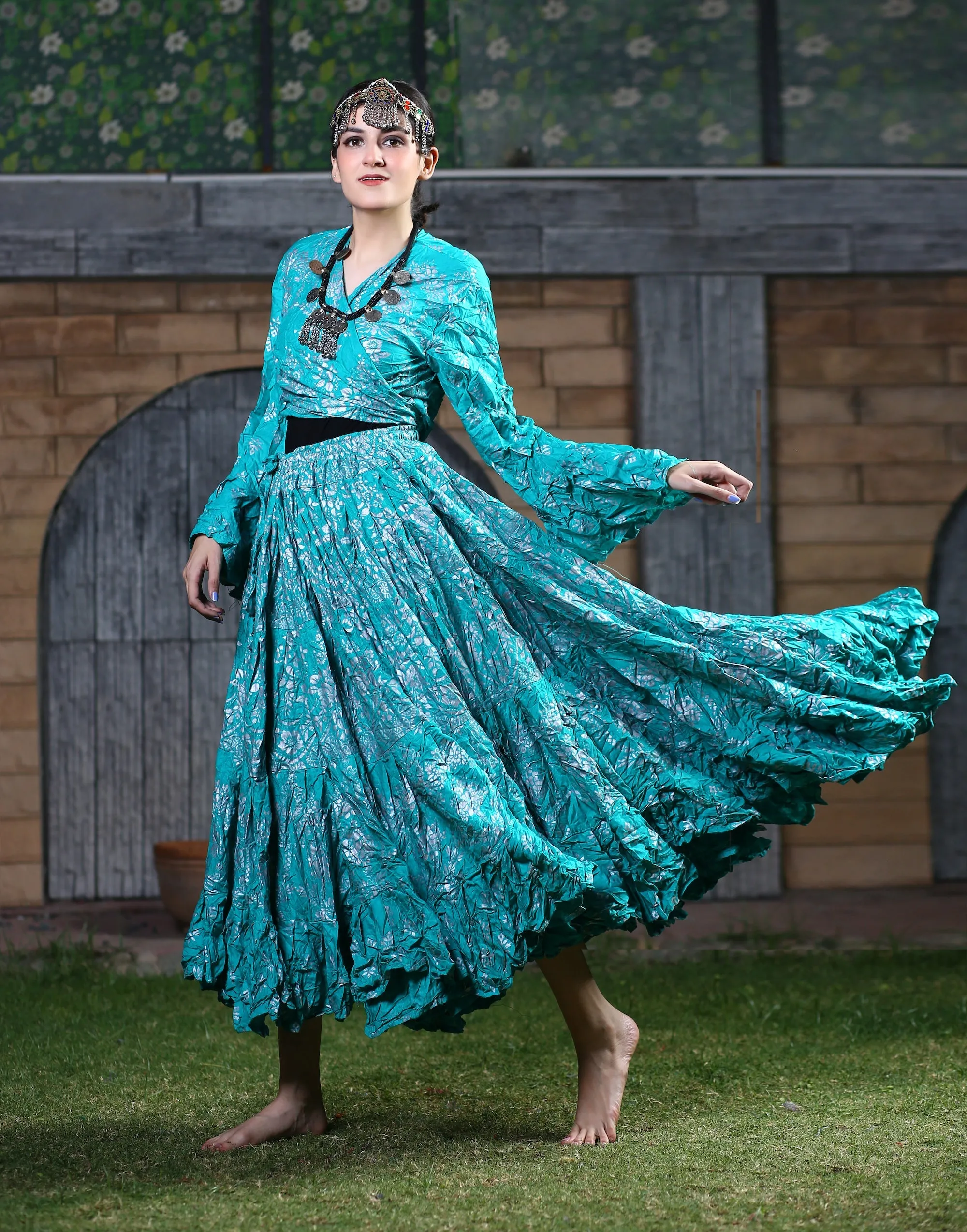 Block print skirt turqouise with Silver Design WLS