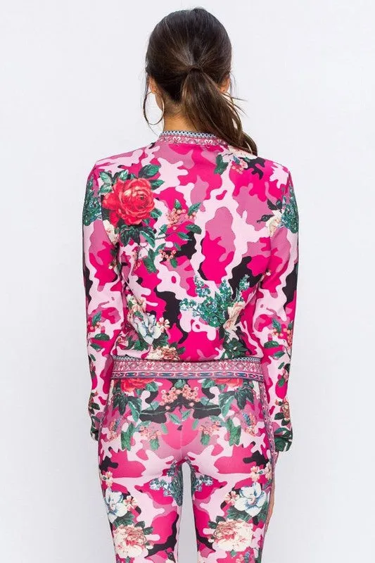 Blush Rose Red Multi Color Camouflage Stretch Fit Tracksuit
