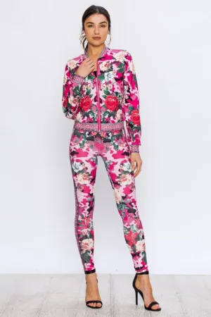 Blush Rose Red Multi Color Camouflage Stretch Fit Tracksuit