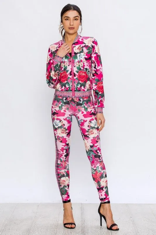 Blush Rose Red Multi Color Camouflage Stretch Fit Tracksuit