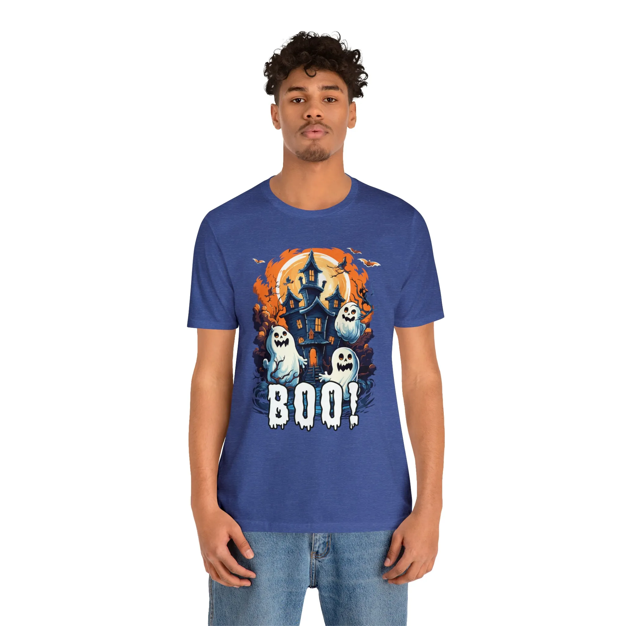 Boo! Haunted House Halloween T-Shirt | Scary House with Ghosts Tee |  Bella Canvas 3001Unisex | Spooky Short Sleeve Tshirt