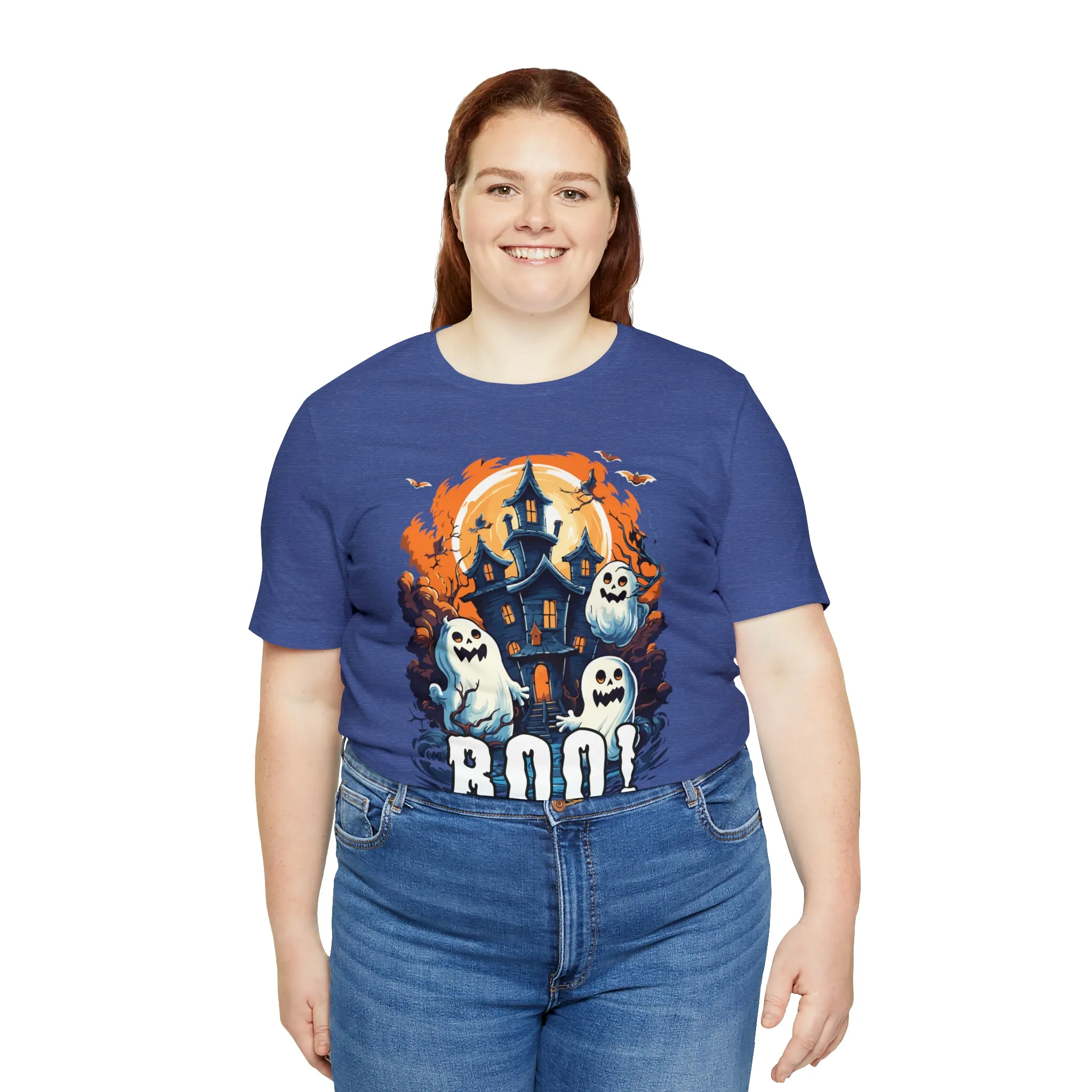 Boo! Haunted House Halloween T-Shirt | Scary House with Ghosts Tee |  Bella Canvas 3001Unisex | Spooky Short Sleeve Tshirt