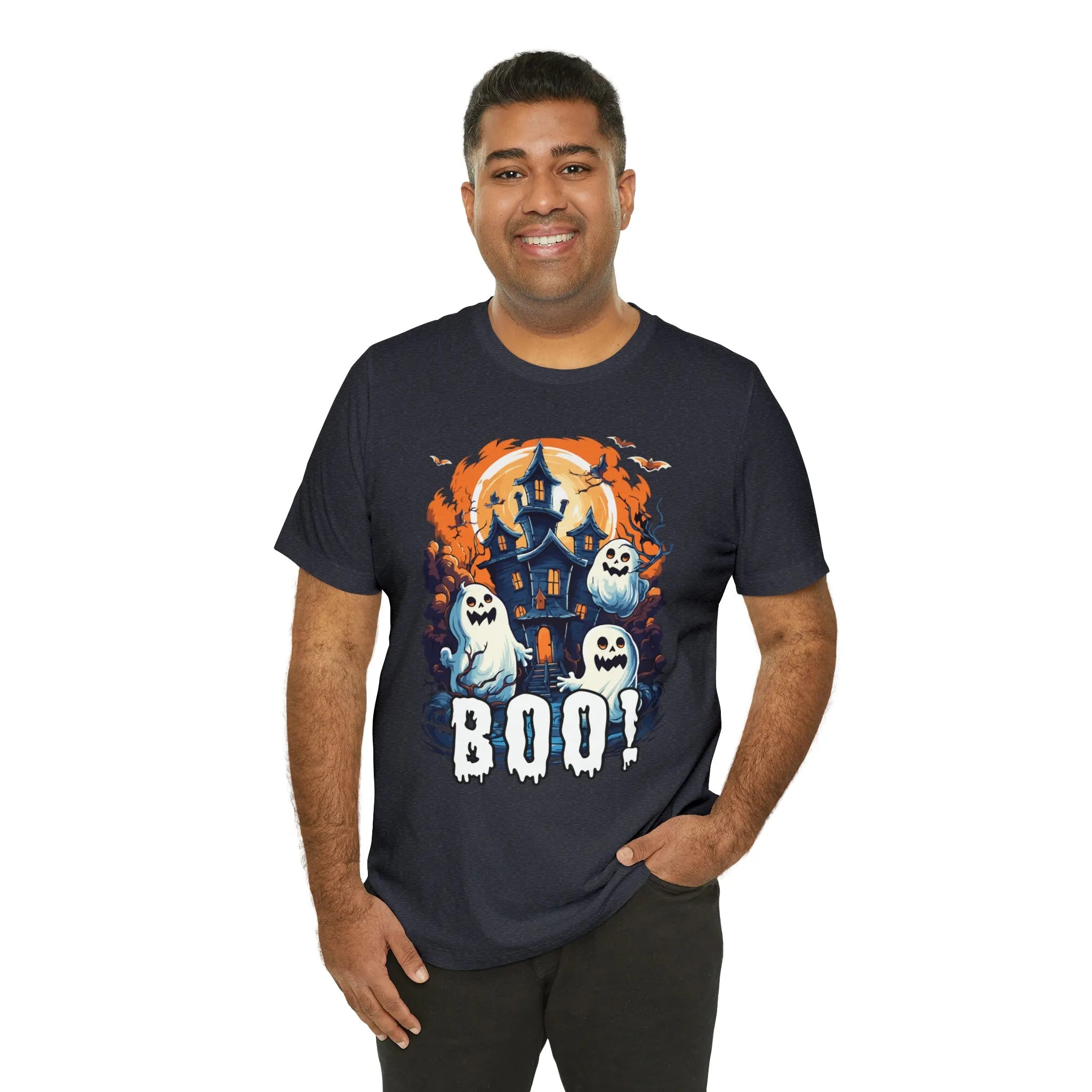 Boo! Haunted House Halloween T-Shirt | Scary House with Ghosts Tee |  Bella Canvas 3001Unisex | Spooky Short Sleeve Tshirt
