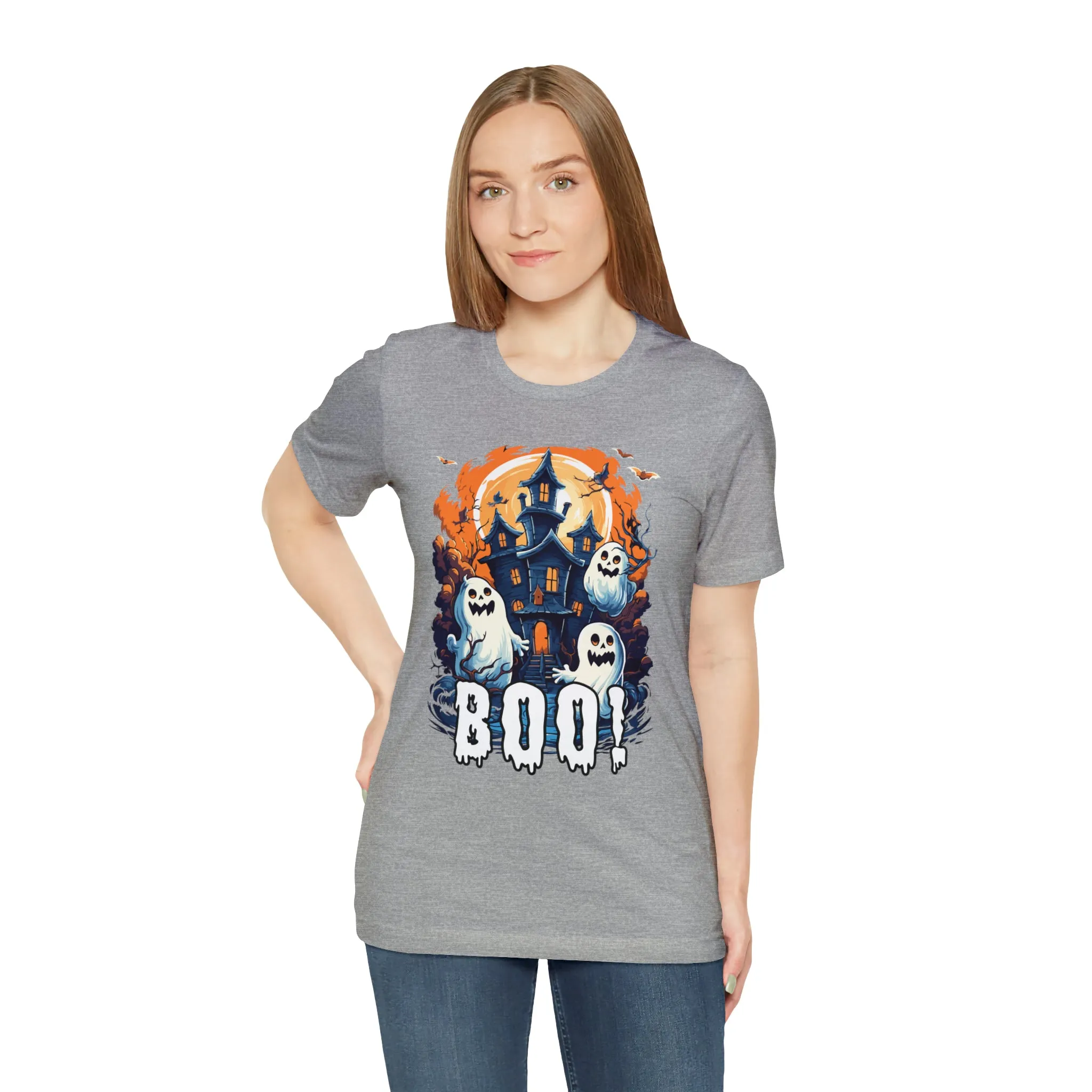 Boo! Haunted House Halloween T-Shirt | Scary House with Ghosts Tee |  Bella Canvas 3001Unisex | Spooky Short Sleeve Tshirt