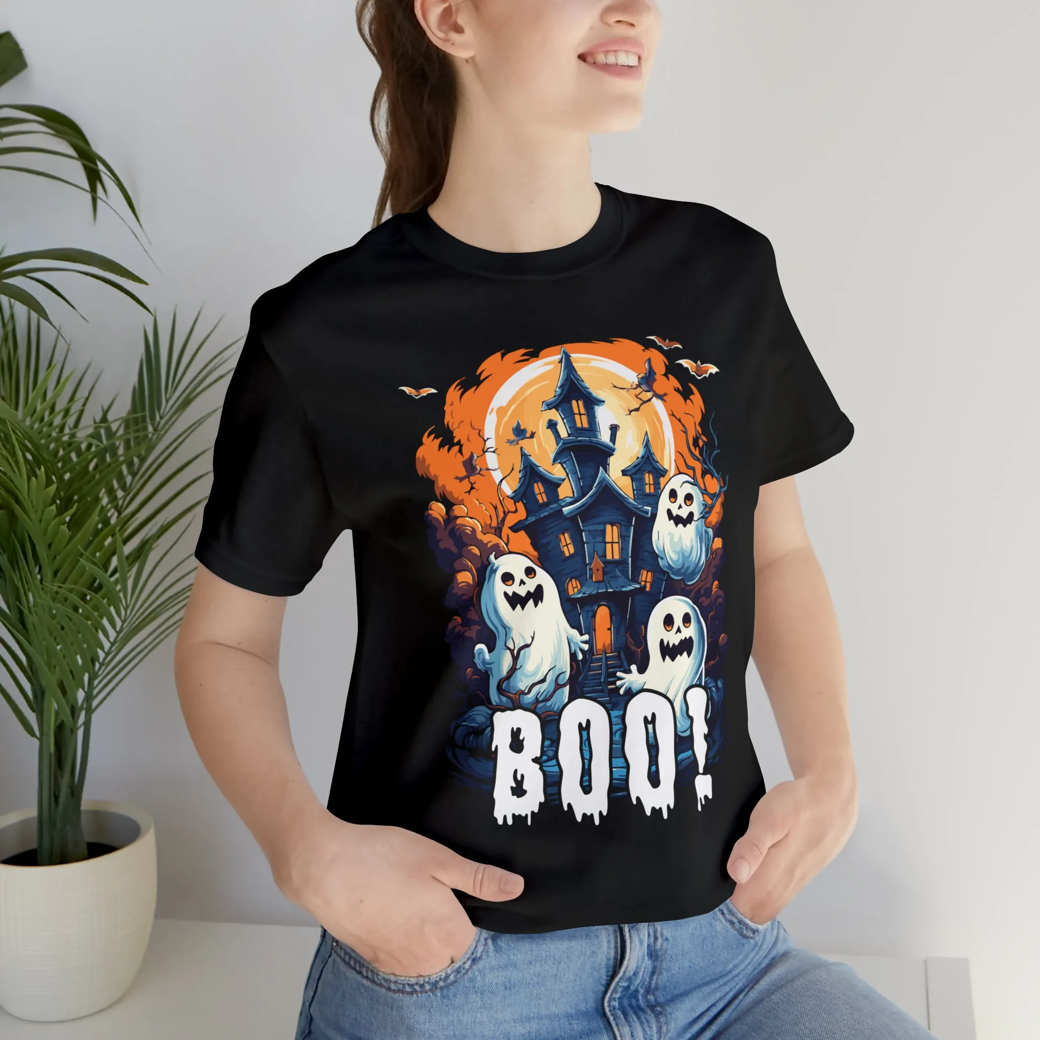 Boo! Haunted House Halloween T-Shirt | Scary House with Ghosts Tee |  Bella Canvas 3001Unisex | Spooky Short Sleeve Tshirt