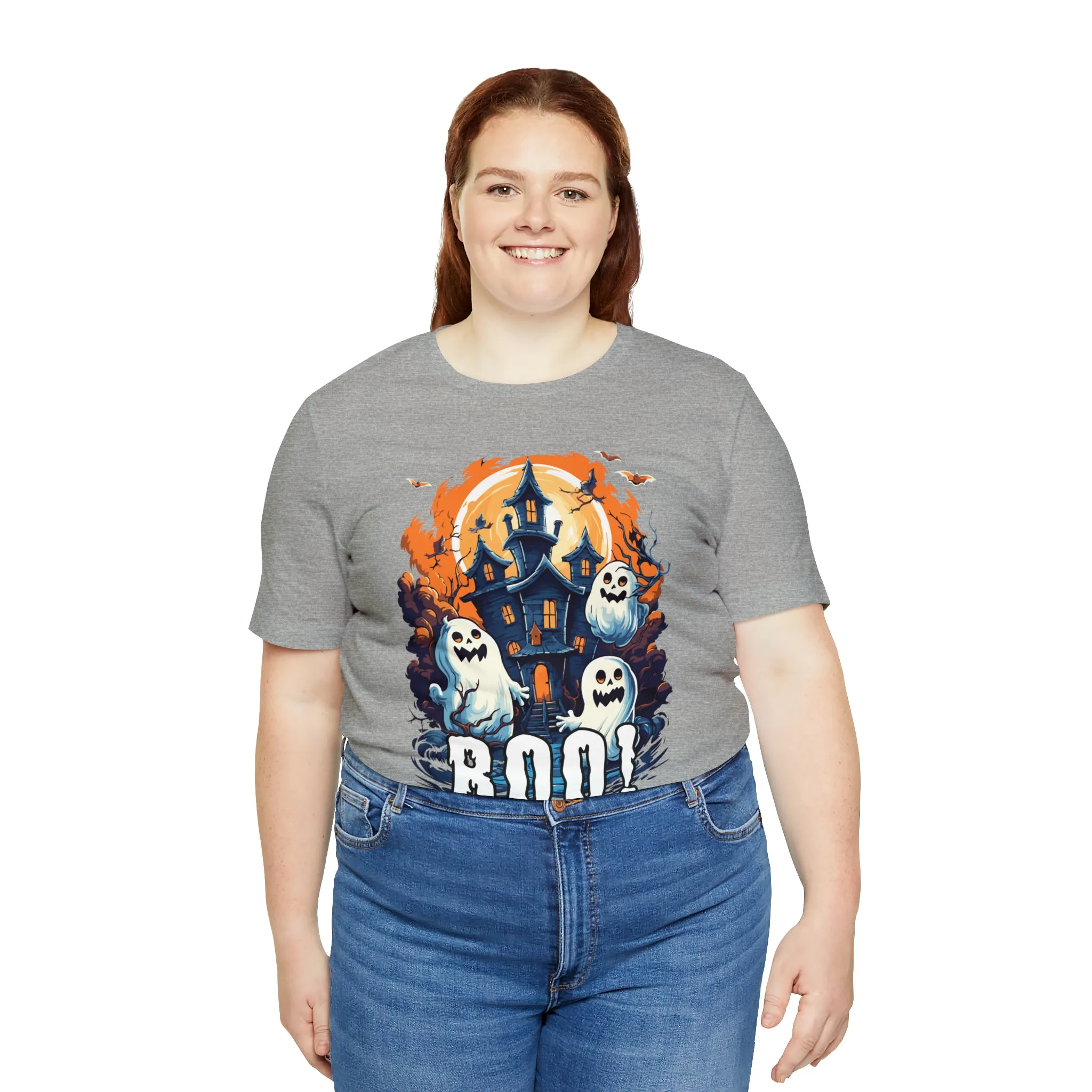 Boo! Haunted House Halloween T-Shirt | Scary House with Ghosts Tee |  Bella Canvas 3001Unisex | Spooky Short Sleeve Tshirt