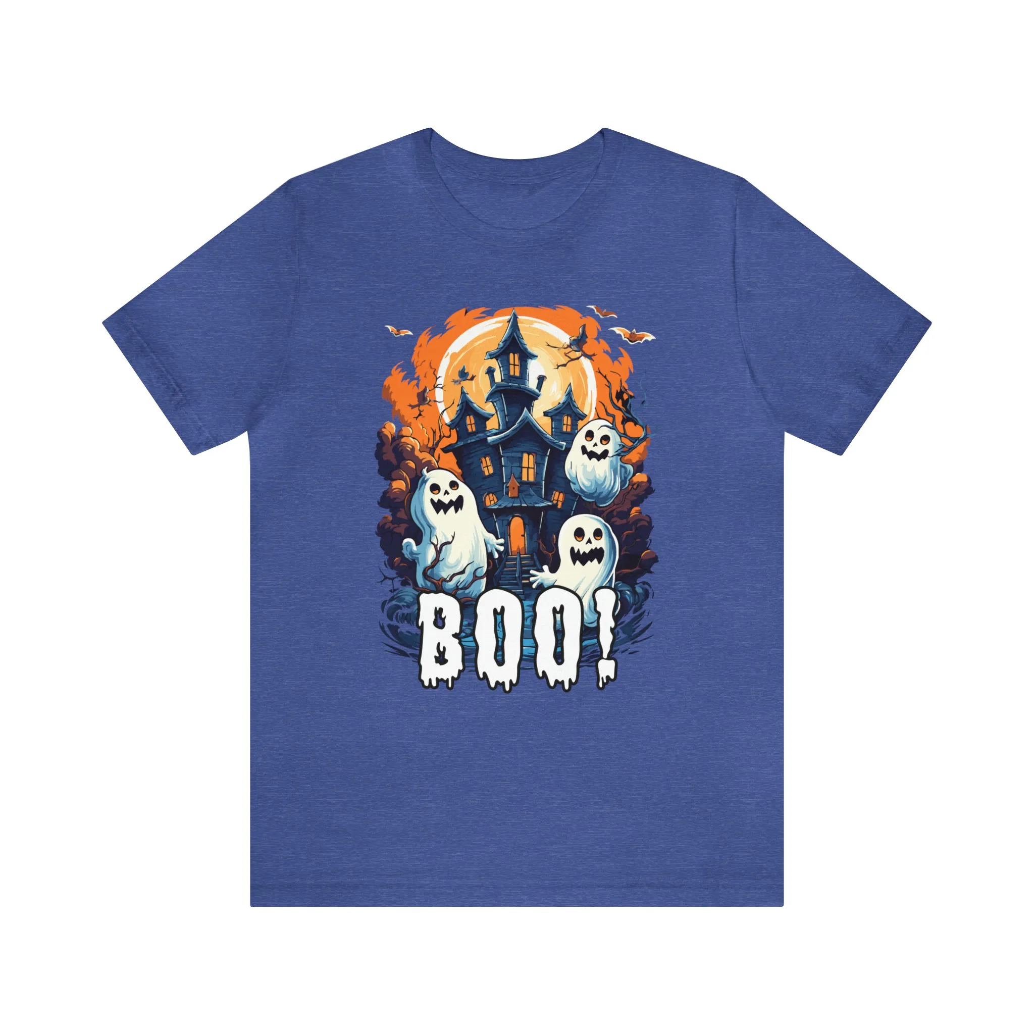 Boo! Haunted House Halloween T-Shirt | Scary House with Ghosts Tee |  Bella Canvas 3001Unisex | Spooky Short Sleeve Tshirt