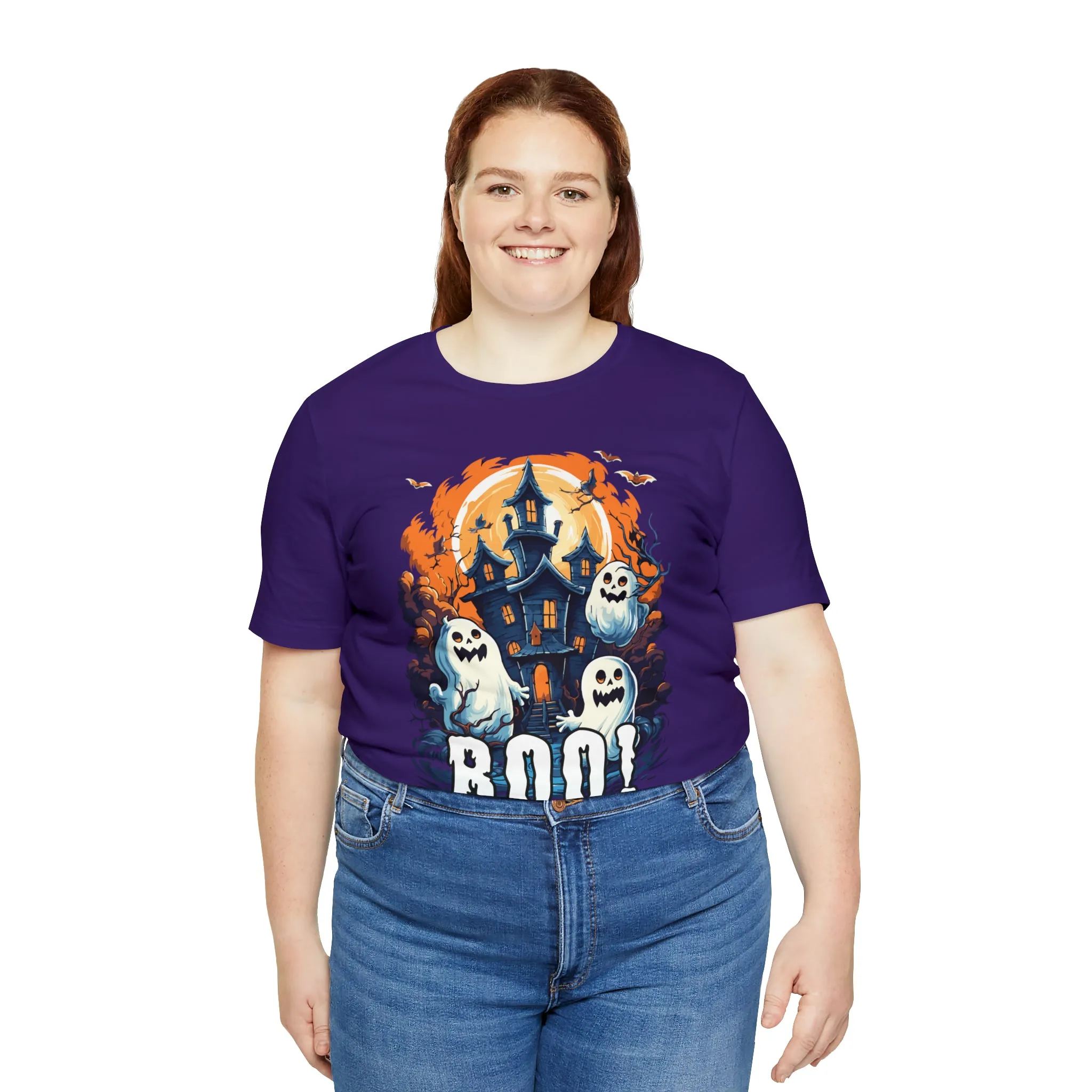 Boo! Haunted House Halloween T-Shirt | Scary House with Ghosts Tee |  Bella Canvas 3001Unisex | Spooky Short Sleeve Tshirt