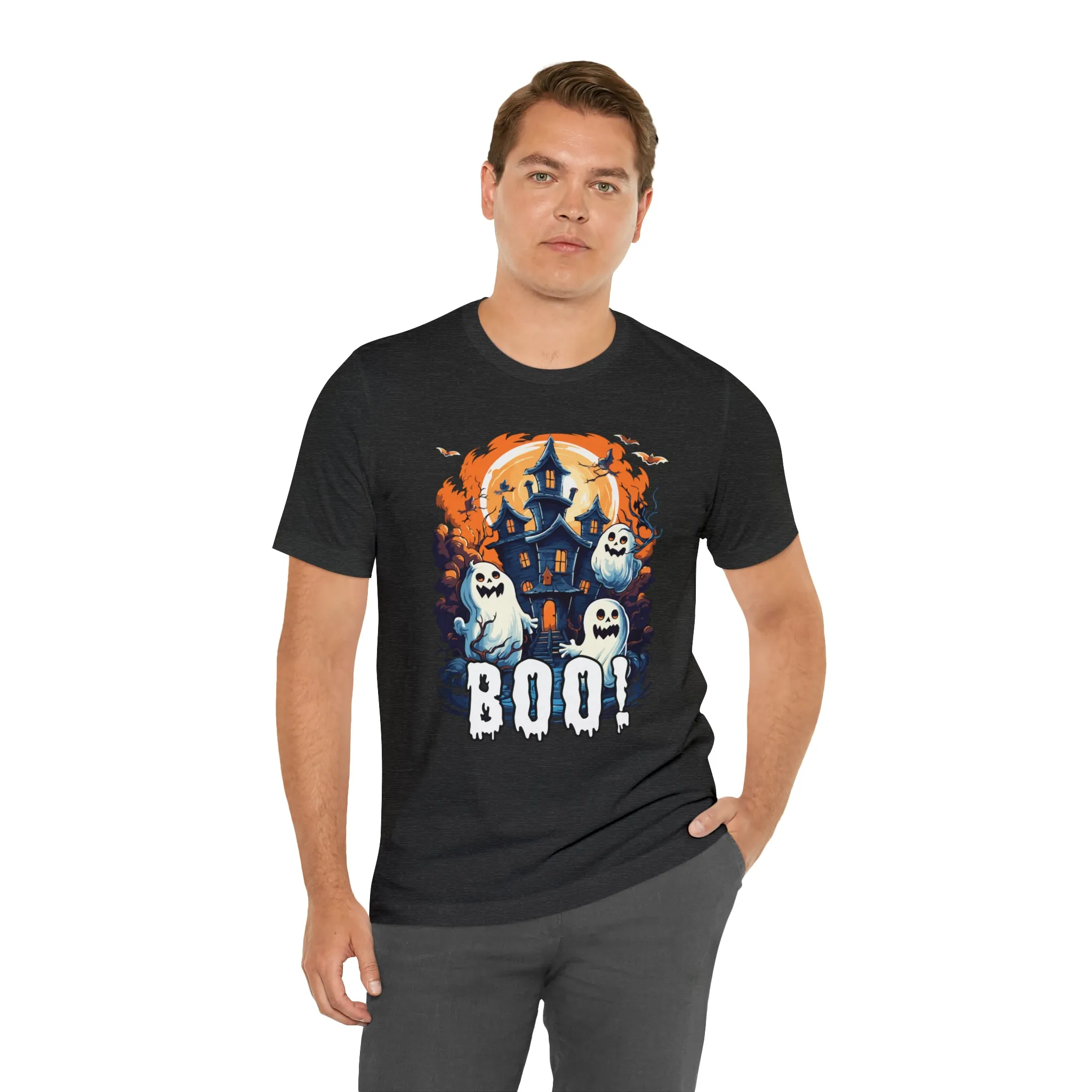 Boo! Haunted House Halloween T-Shirt | Scary House with Ghosts Tee |  Bella Canvas 3001Unisex | Spooky Short Sleeve Tshirt