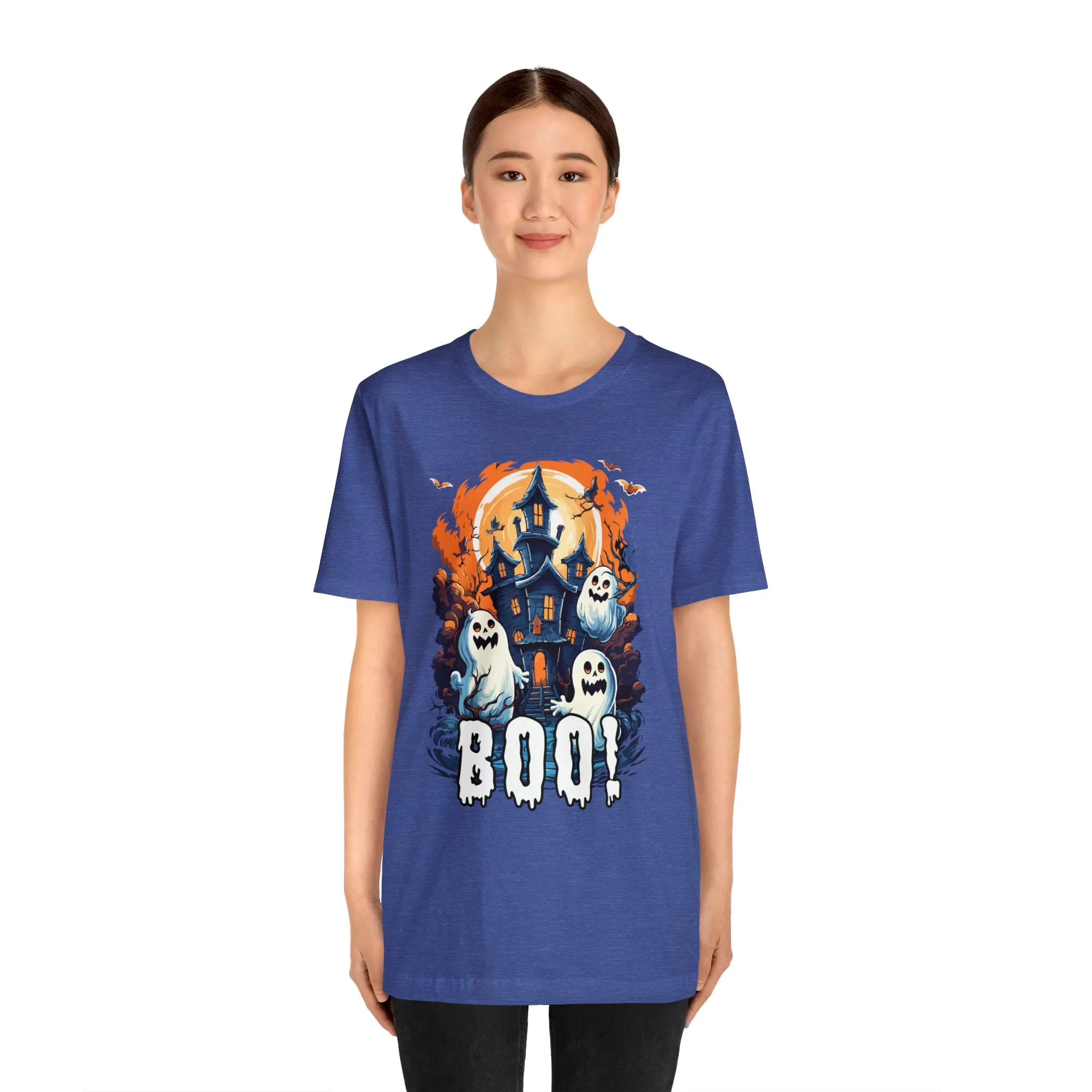 Boo! Haunted House Halloween T-Shirt | Scary House with Ghosts Tee |  Bella Canvas 3001Unisex | Spooky Short Sleeve Tshirt