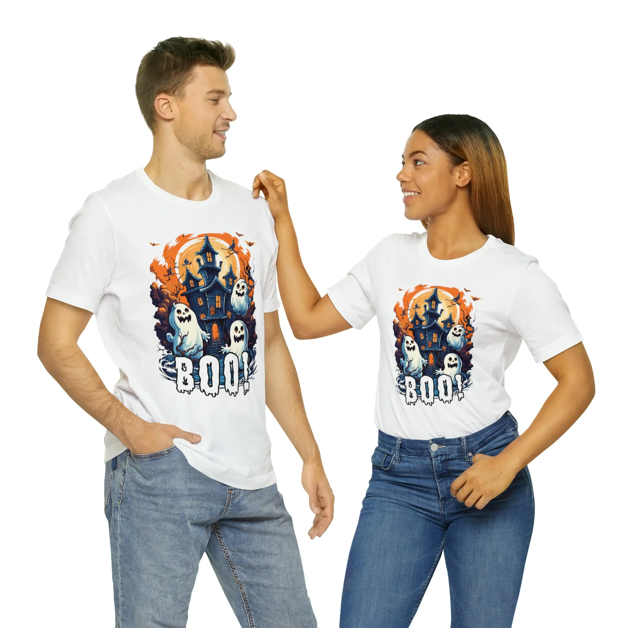 Boo! Haunted House Halloween T-Shirt | Scary House with Ghosts Tee |  Bella Canvas 3001Unisex | Spooky Short Sleeve Tshirt