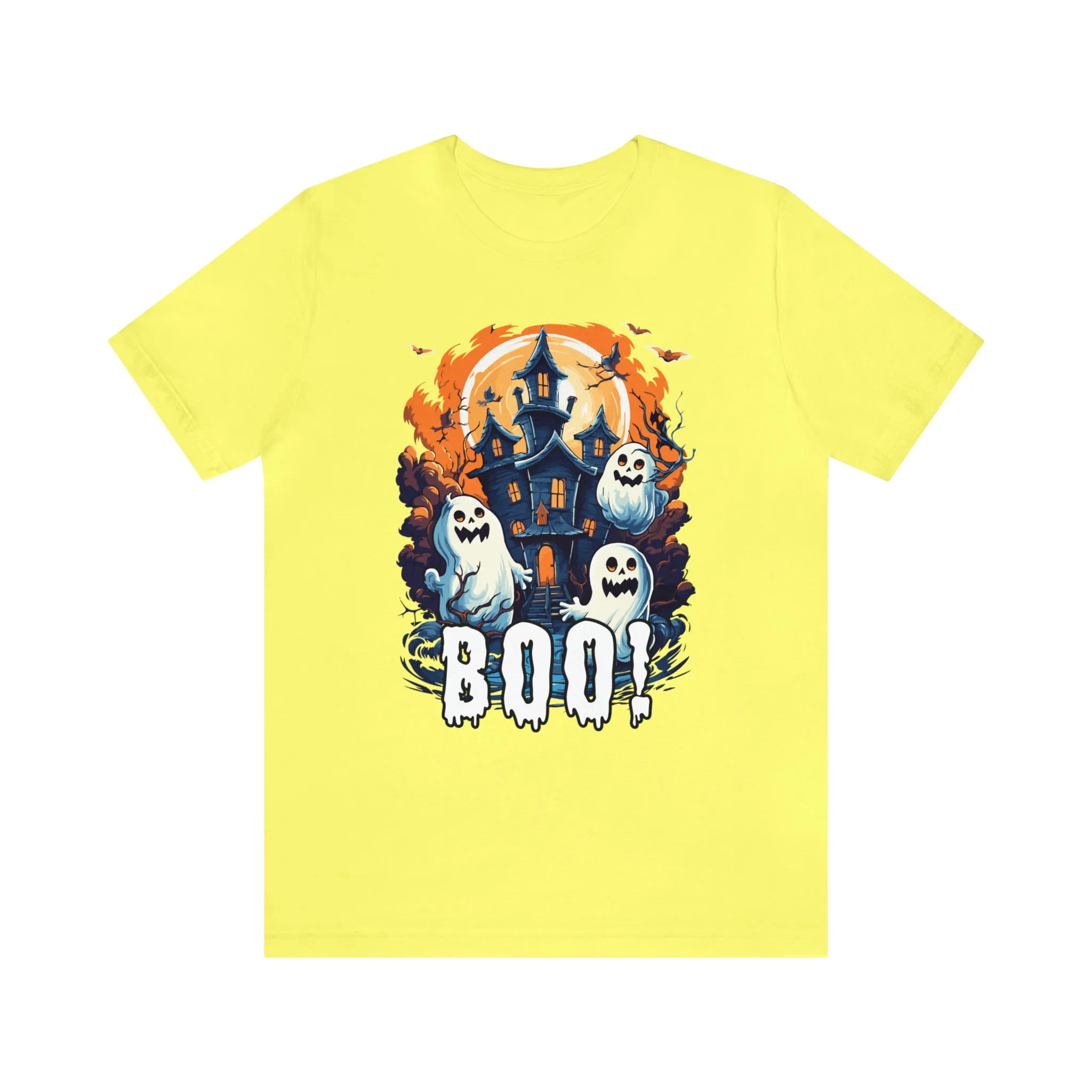 Boo! Haunted House Halloween T-Shirt | Scary House with Ghosts Tee |  Bella Canvas 3001Unisex | Spooky Short Sleeve Tshirt