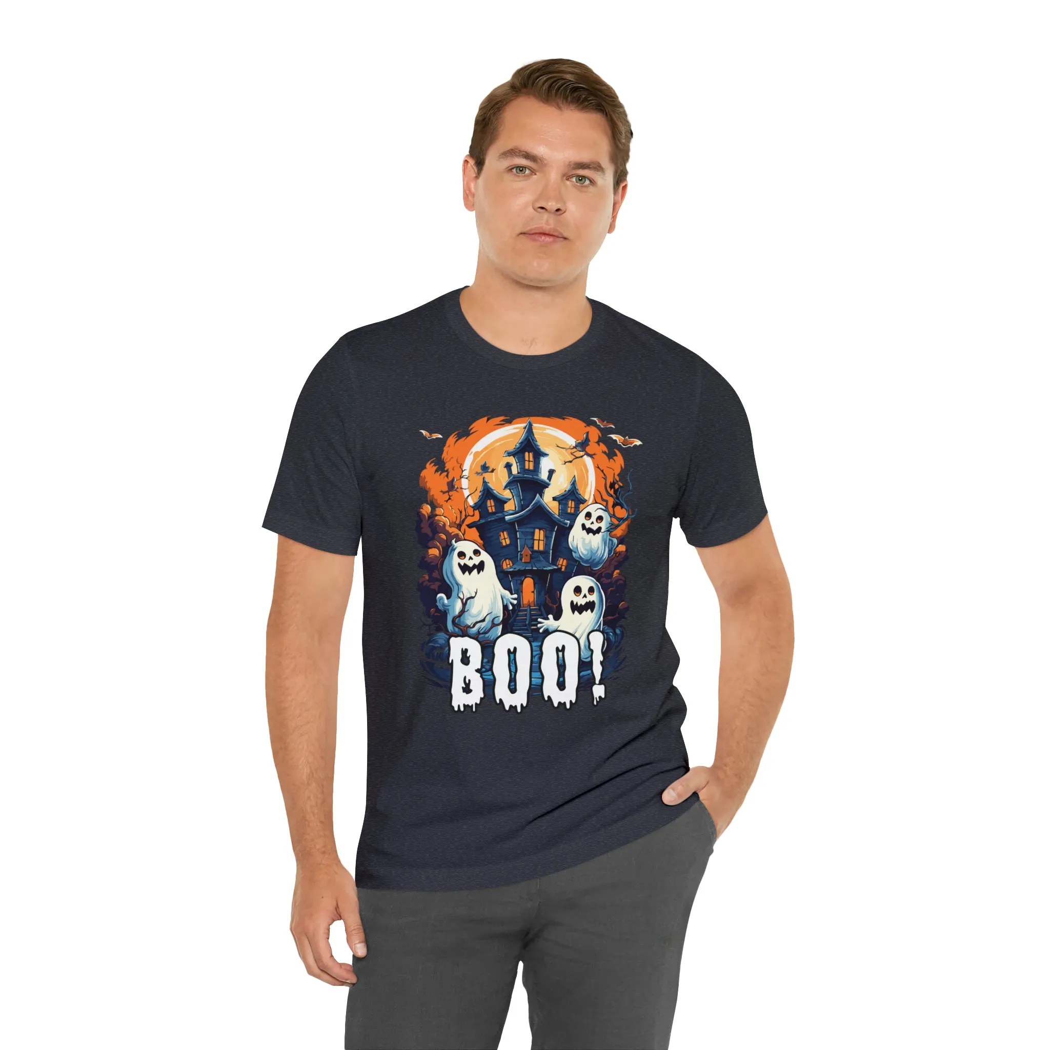 Boo! Haunted House Halloween T-Shirt | Scary House with Ghosts Tee |  Bella Canvas 3001Unisex | Spooky Short Sleeve Tshirt