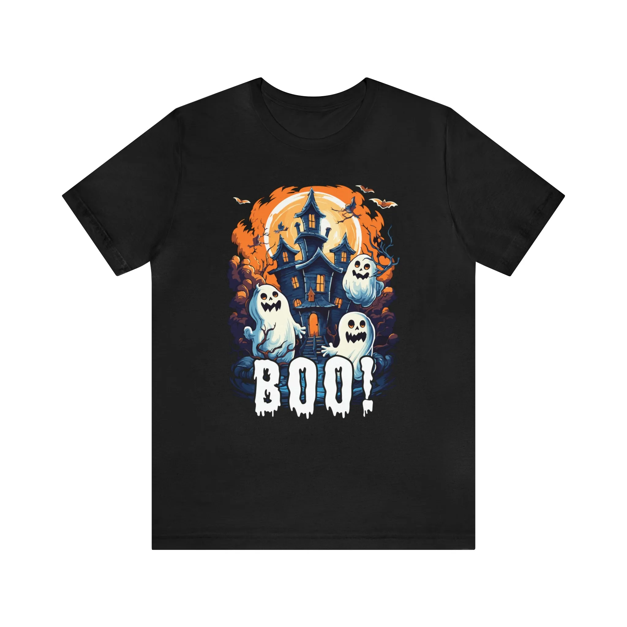 Boo! Haunted House Halloween T-Shirt | Scary House with Ghosts Tee |  Bella Canvas 3001Unisex | Spooky Short Sleeve Tshirt