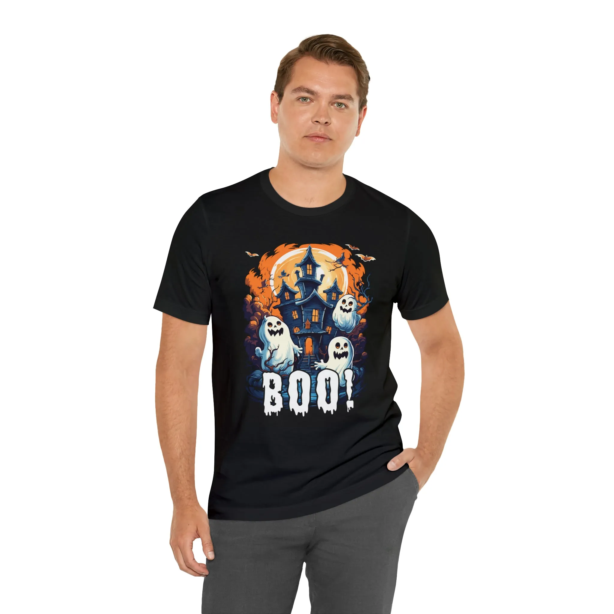Boo! Haunted House Halloween T-Shirt | Scary House with Ghosts Tee |  Bella Canvas 3001Unisex | Spooky Short Sleeve Tshirt
