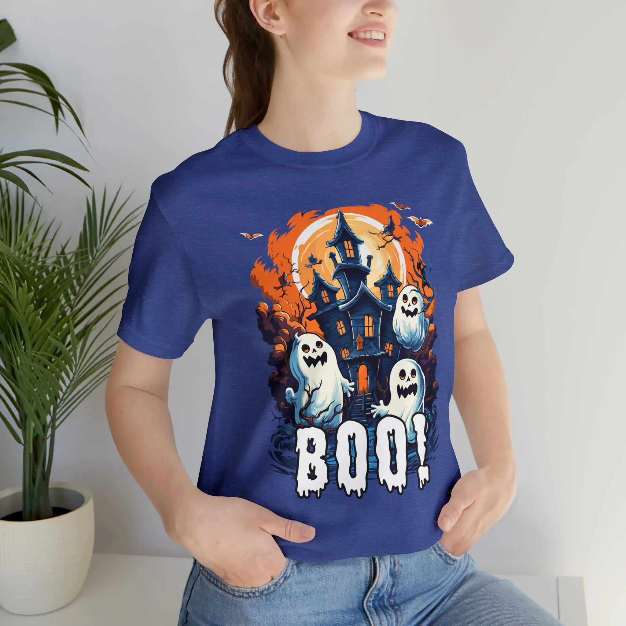 Boo! Haunted House Halloween T-Shirt | Scary House with Ghosts Tee |  Bella Canvas 3001Unisex | Spooky Short Sleeve Tshirt