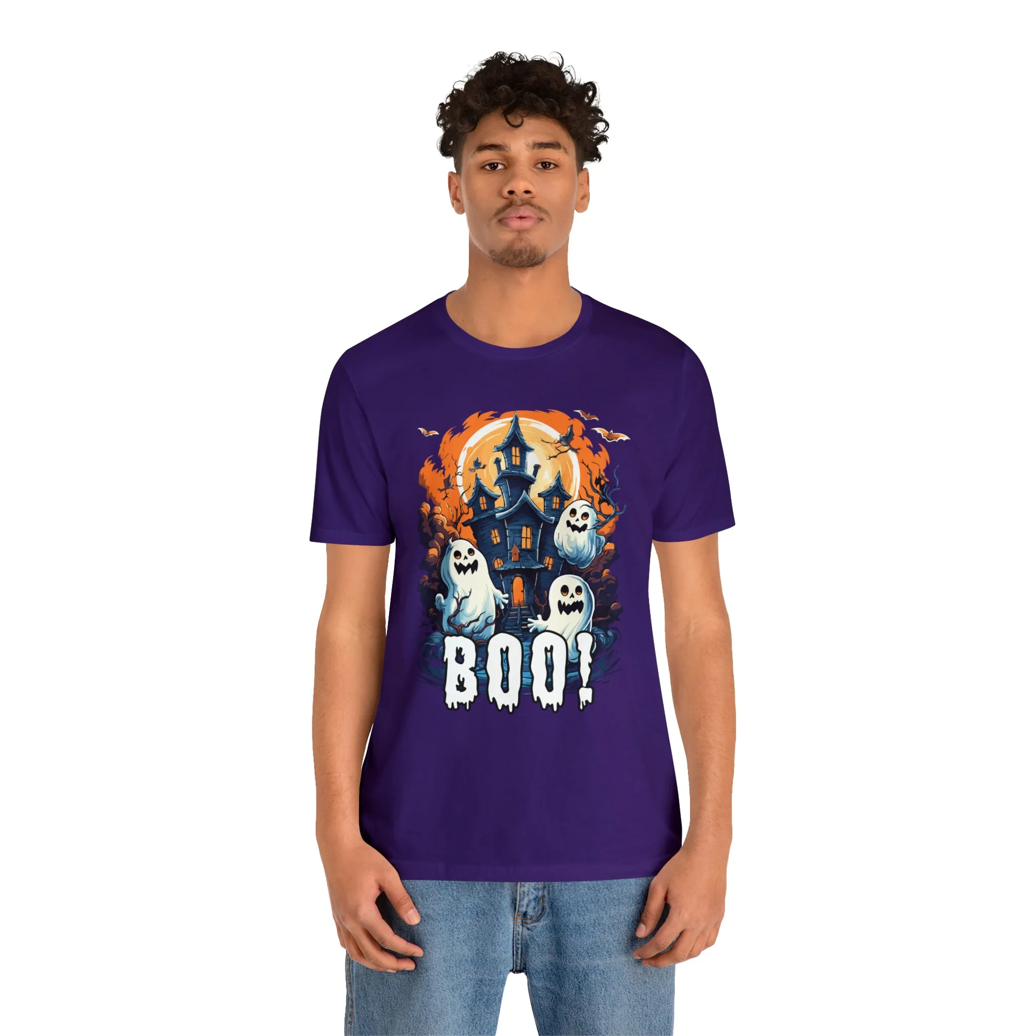 Boo! Haunted House Halloween T-Shirt | Scary House with Ghosts Tee |  Bella Canvas 3001Unisex | Spooky Short Sleeve Tshirt
