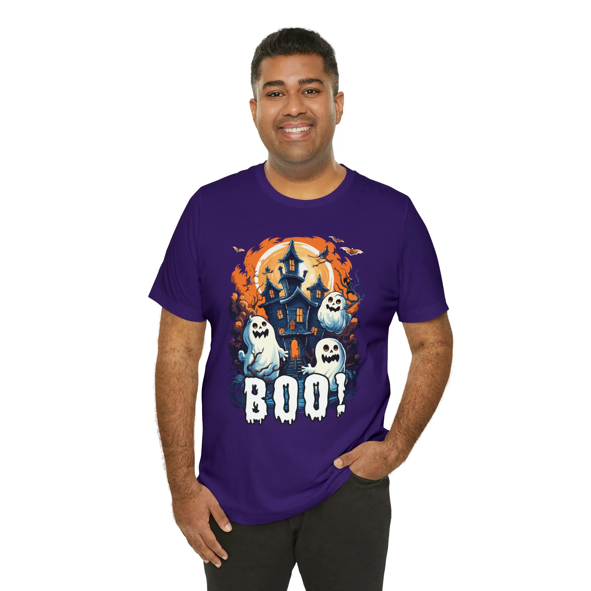 Boo! Haunted House Halloween T-Shirt | Scary House with Ghosts Tee |  Bella Canvas 3001Unisex | Spooky Short Sleeve Tshirt