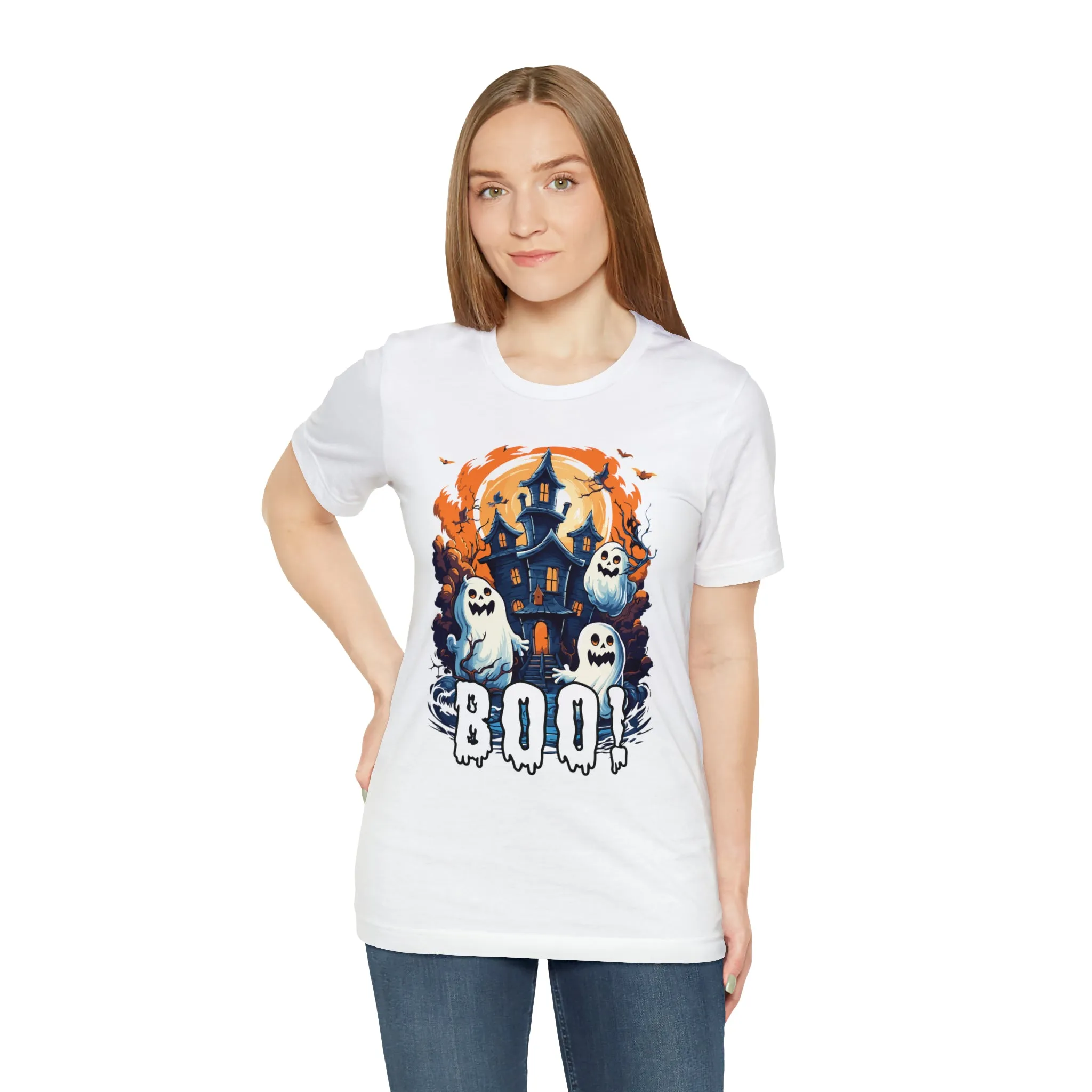 Boo! Haunted House Halloween T-Shirt | Scary House with Ghosts Tee |  Bella Canvas 3001Unisex | Spooky Short Sleeve Tshirt