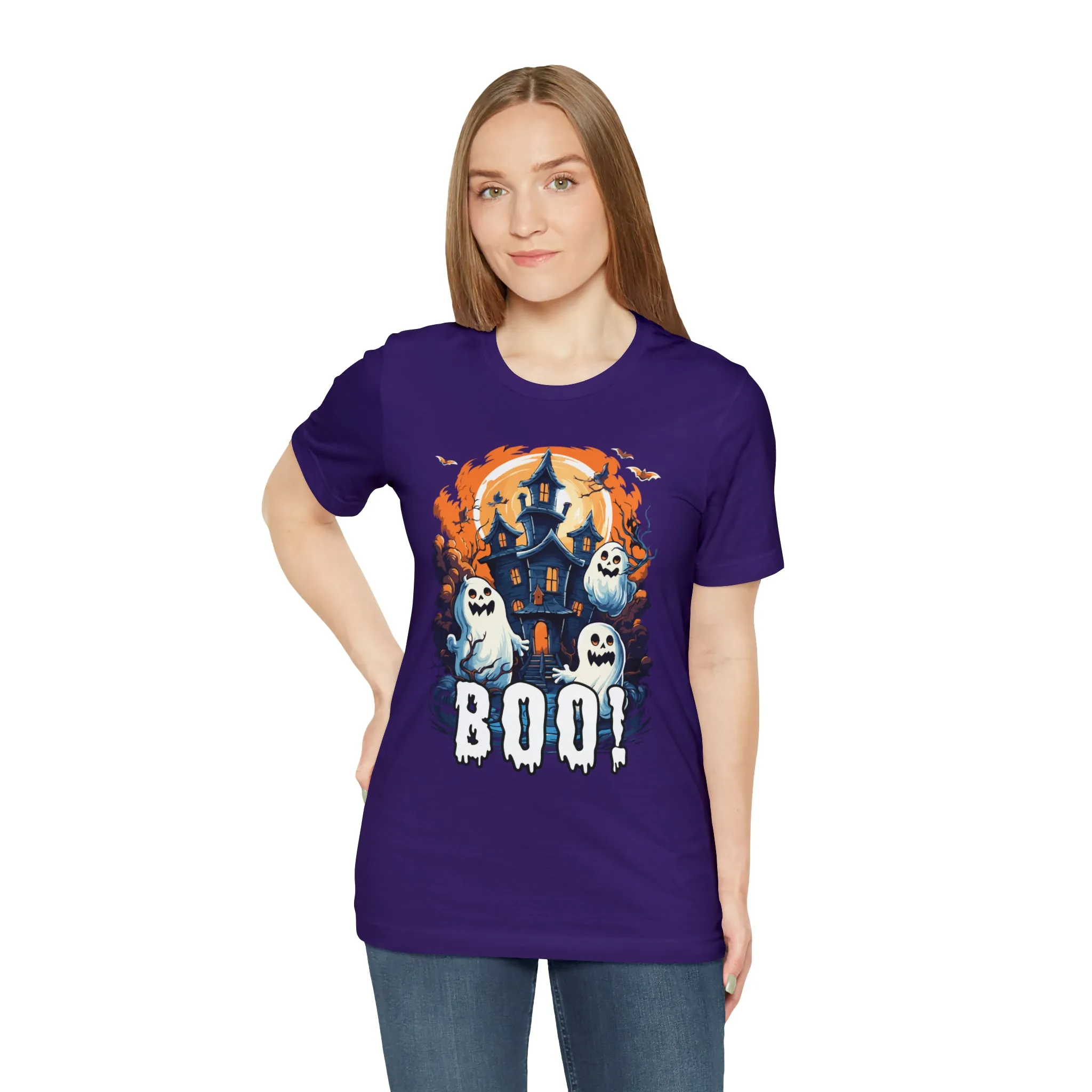 Boo! Haunted House Halloween T-Shirt | Scary House with Ghosts Tee |  Bella Canvas 3001Unisex | Spooky Short Sleeve Tshirt