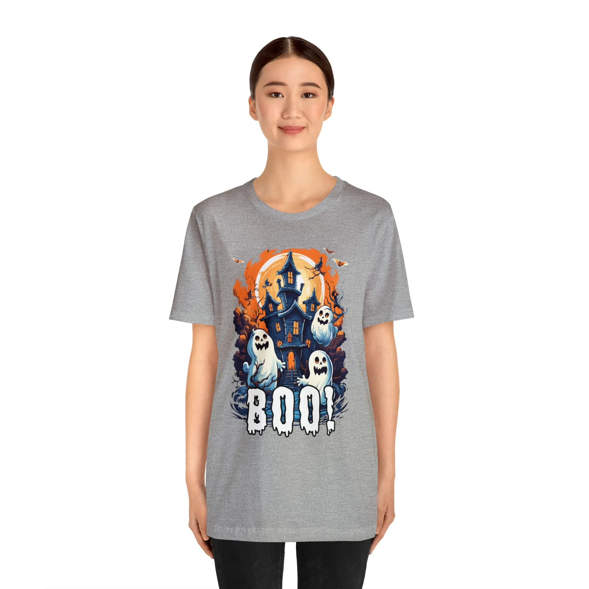 Boo! Haunted House Halloween T-Shirt | Scary House with Ghosts Tee |  Bella Canvas 3001Unisex | Spooky Short Sleeve Tshirt