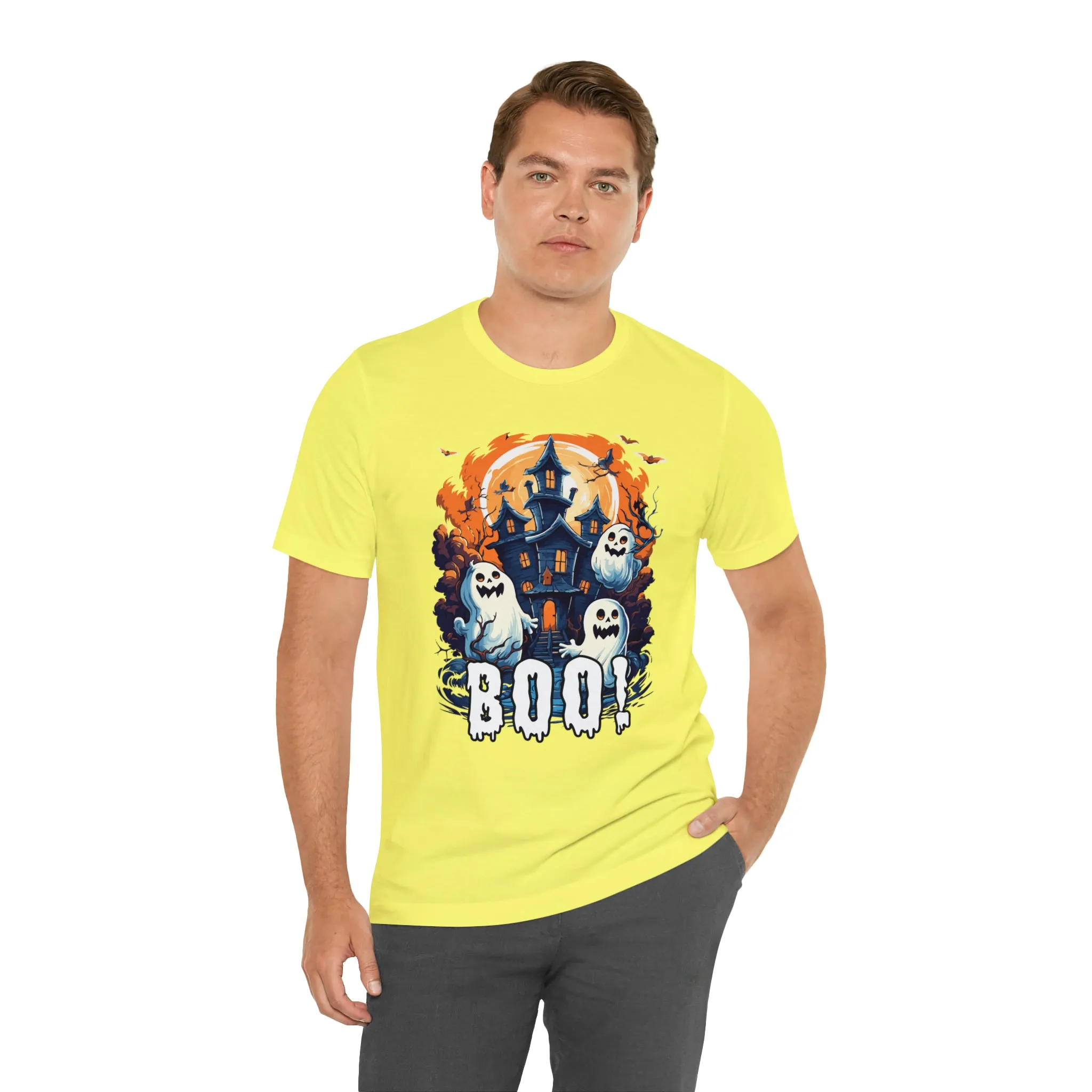 Boo! Haunted House Halloween T-Shirt | Scary House with Ghosts Tee |  Bella Canvas 3001Unisex | Spooky Short Sleeve Tshirt