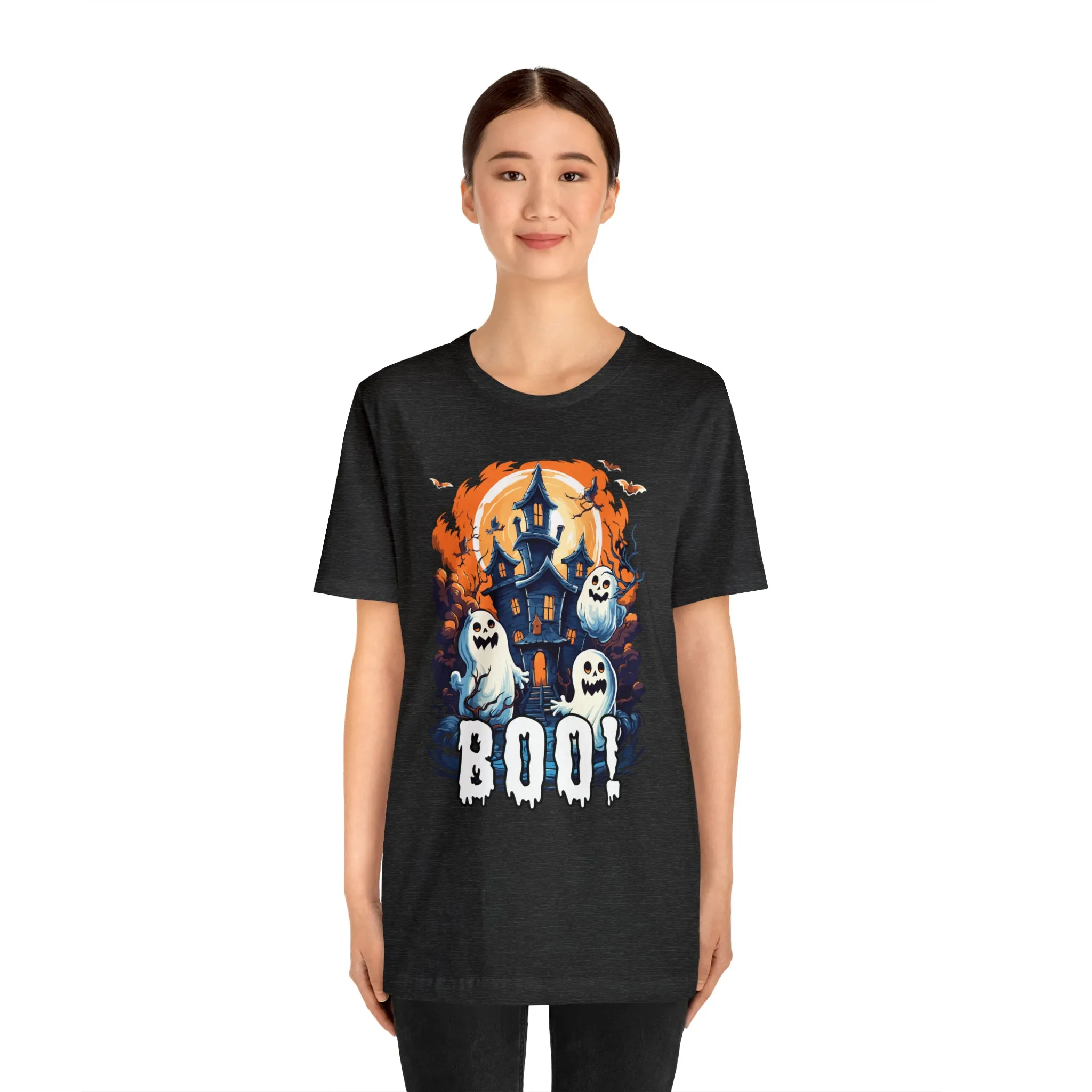 Boo! Haunted House Halloween T-Shirt | Scary House with Ghosts Tee |  Bella Canvas 3001Unisex | Spooky Short Sleeve Tshirt