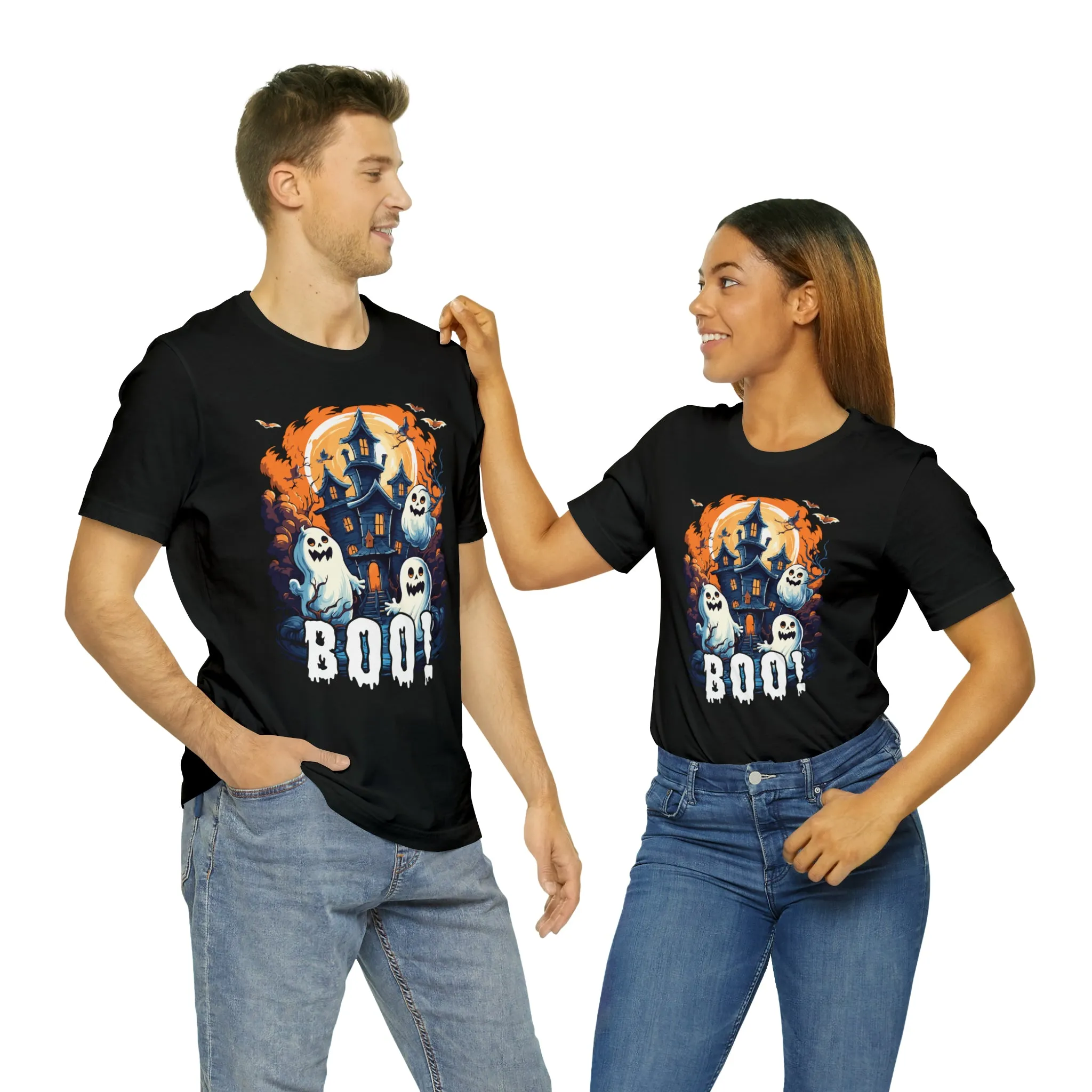 Boo! Haunted House Halloween T-Shirt | Scary House with Ghosts Tee |  Bella Canvas 3001Unisex | Spooky Short Sleeve Tshirt
