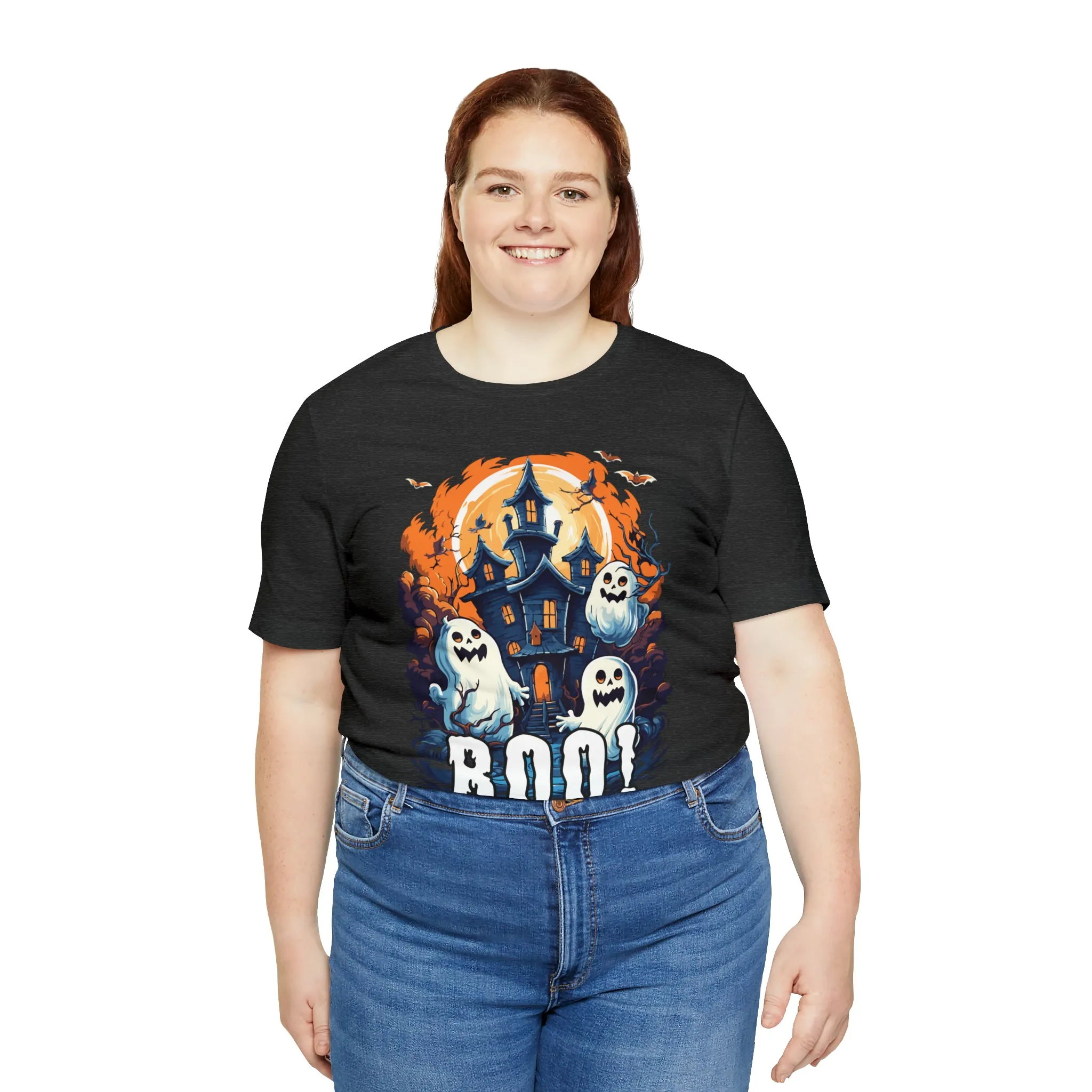 Boo! Haunted House Halloween T-Shirt | Scary House with Ghosts Tee |  Bella Canvas 3001Unisex | Spooky Short Sleeve Tshirt