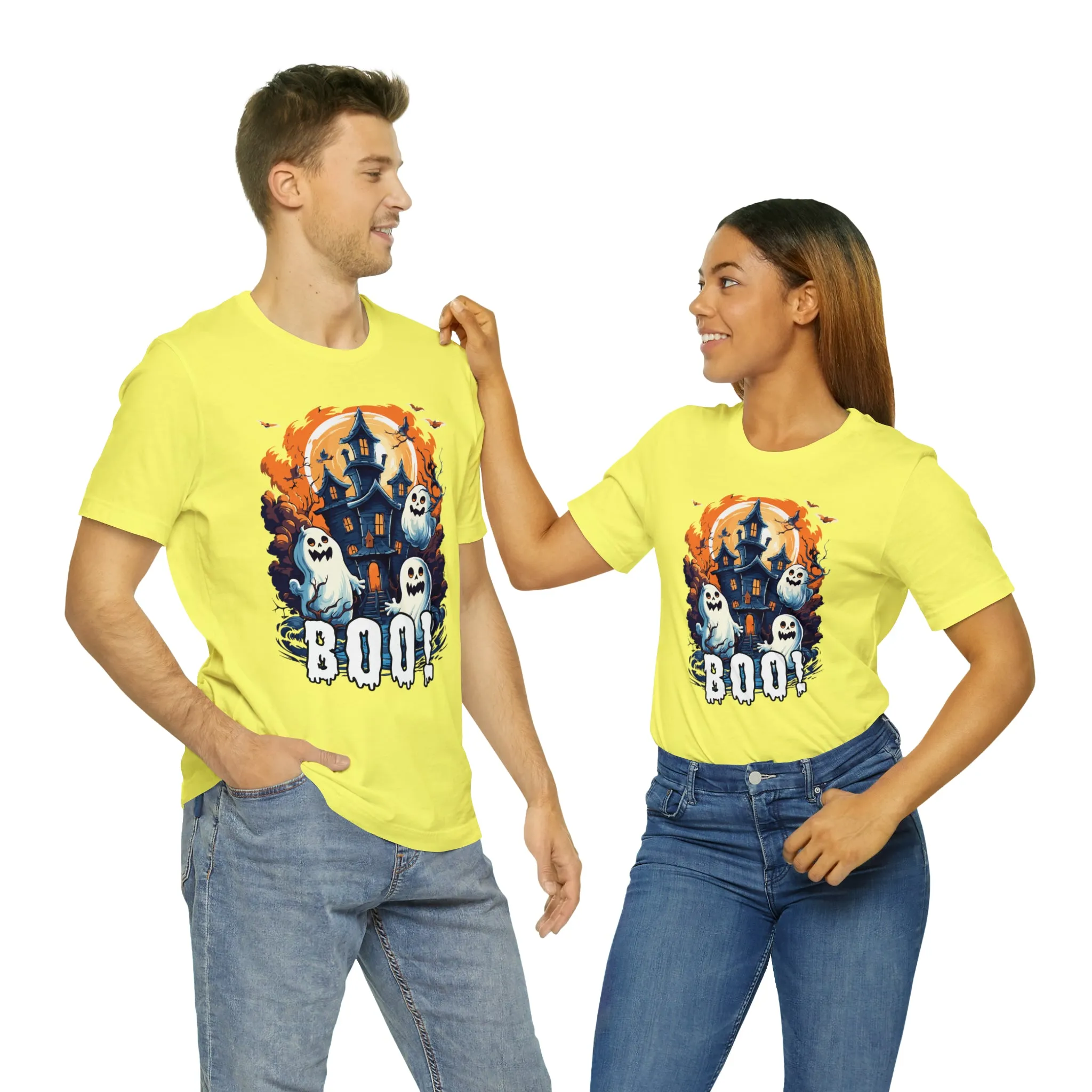 Boo! Haunted House Halloween T-Shirt | Scary House with Ghosts Tee |  Bella Canvas 3001Unisex | Spooky Short Sleeve Tshirt