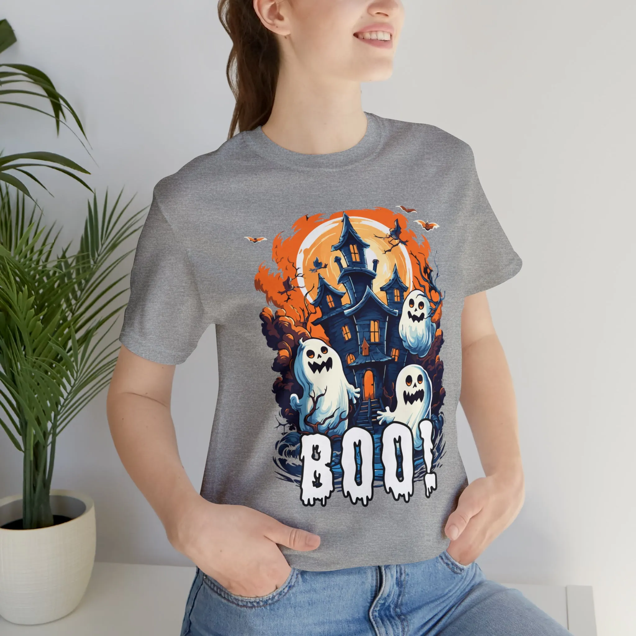 Boo! Haunted House Halloween T-Shirt | Scary House with Ghosts Tee |  Bella Canvas 3001Unisex | Spooky Short Sleeve Tshirt