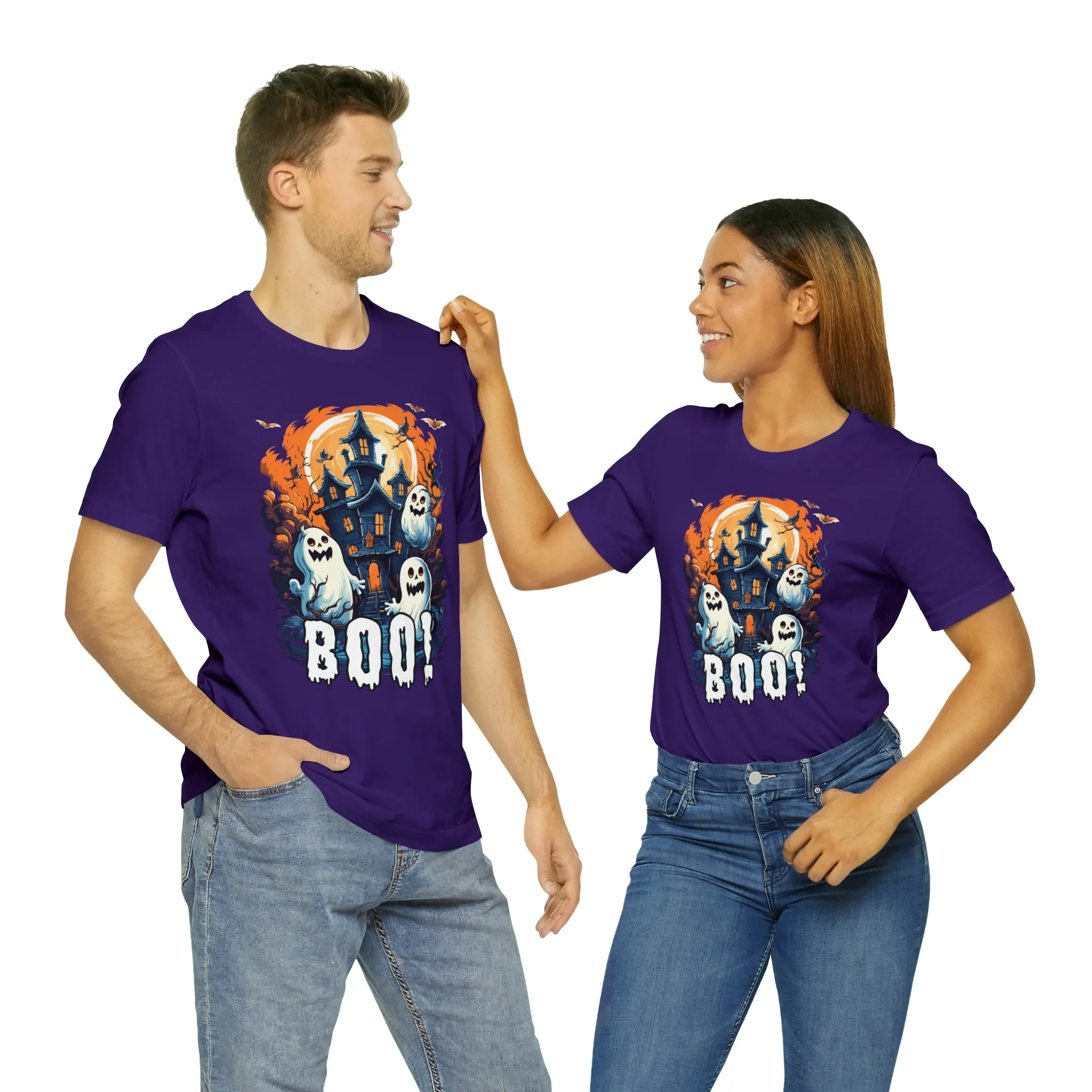 Boo! Haunted House Halloween T-Shirt | Scary House with Ghosts Tee |  Bella Canvas 3001Unisex | Spooky Short Sleeve Tshirt