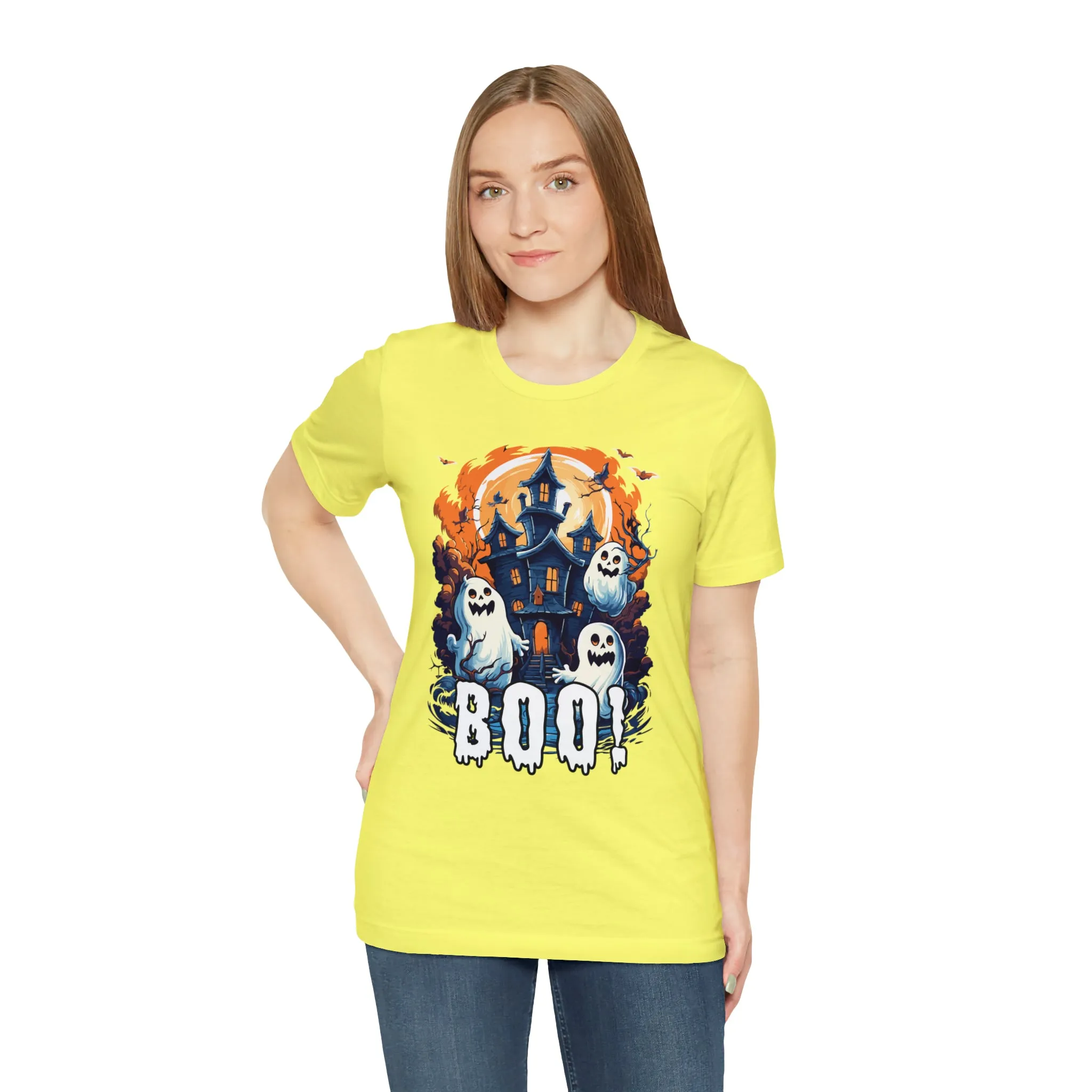 Boo! Haunted House Halloween T-Shirt | Scary House with Ghosts Tee |  Bella Canvas 3001Unisex | Spooky Short Sleeve Tshirt