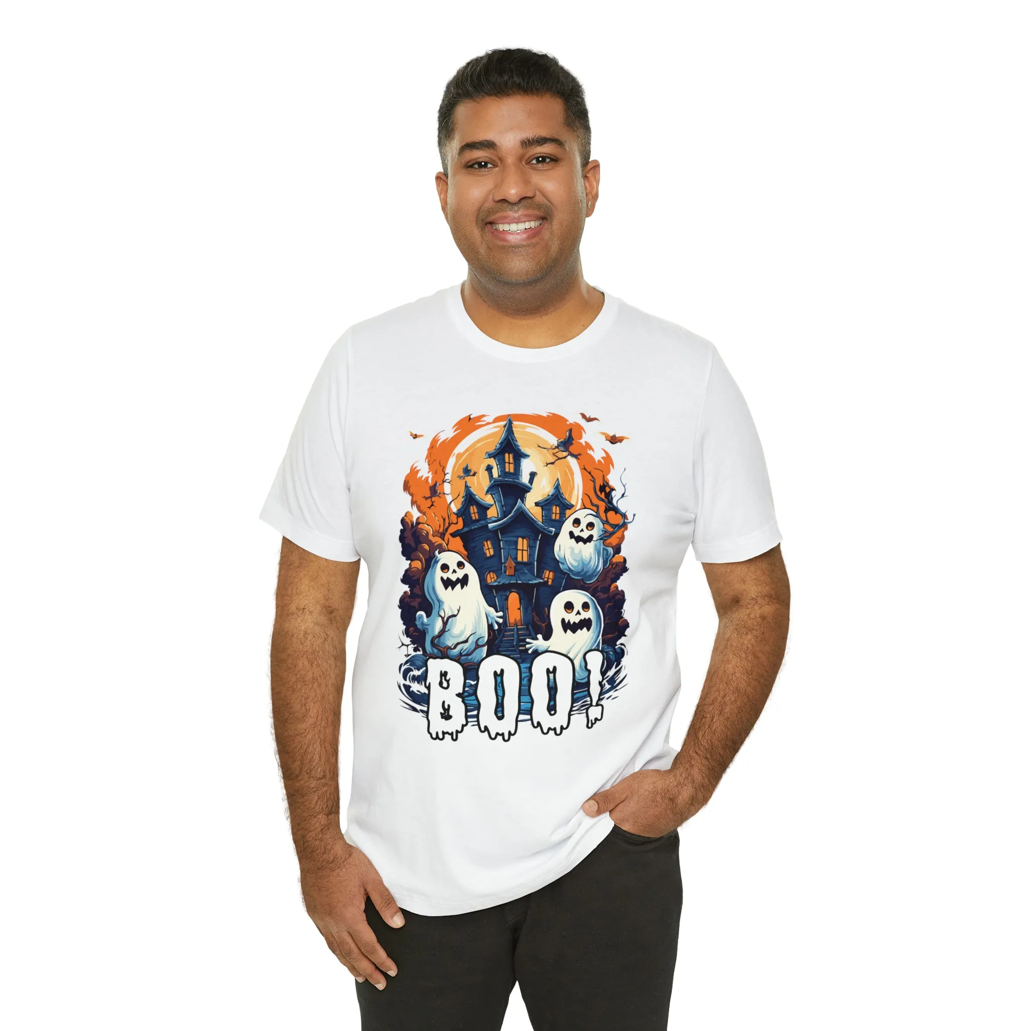 Boo! Haunted House Halloween T-Shirt | Scary House with Ghosts Tee |  Bella Canvas 3001Unisex | Spooky Short Sleeve Tshirt