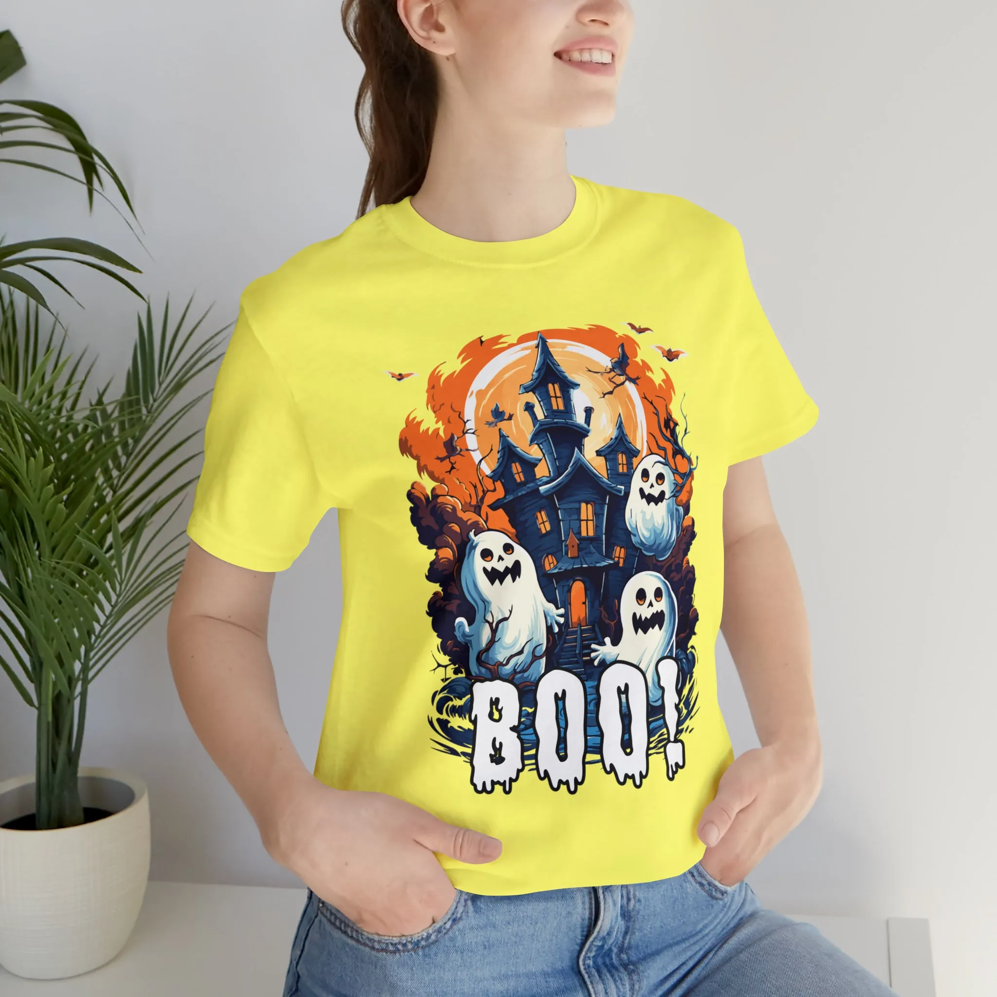 Boo! Haunted House Halloween T-Shirt | Scary House with Ghosts Tee |  Bella Canvas 3001Unisex | Spooky Short Sleeve Tshirt