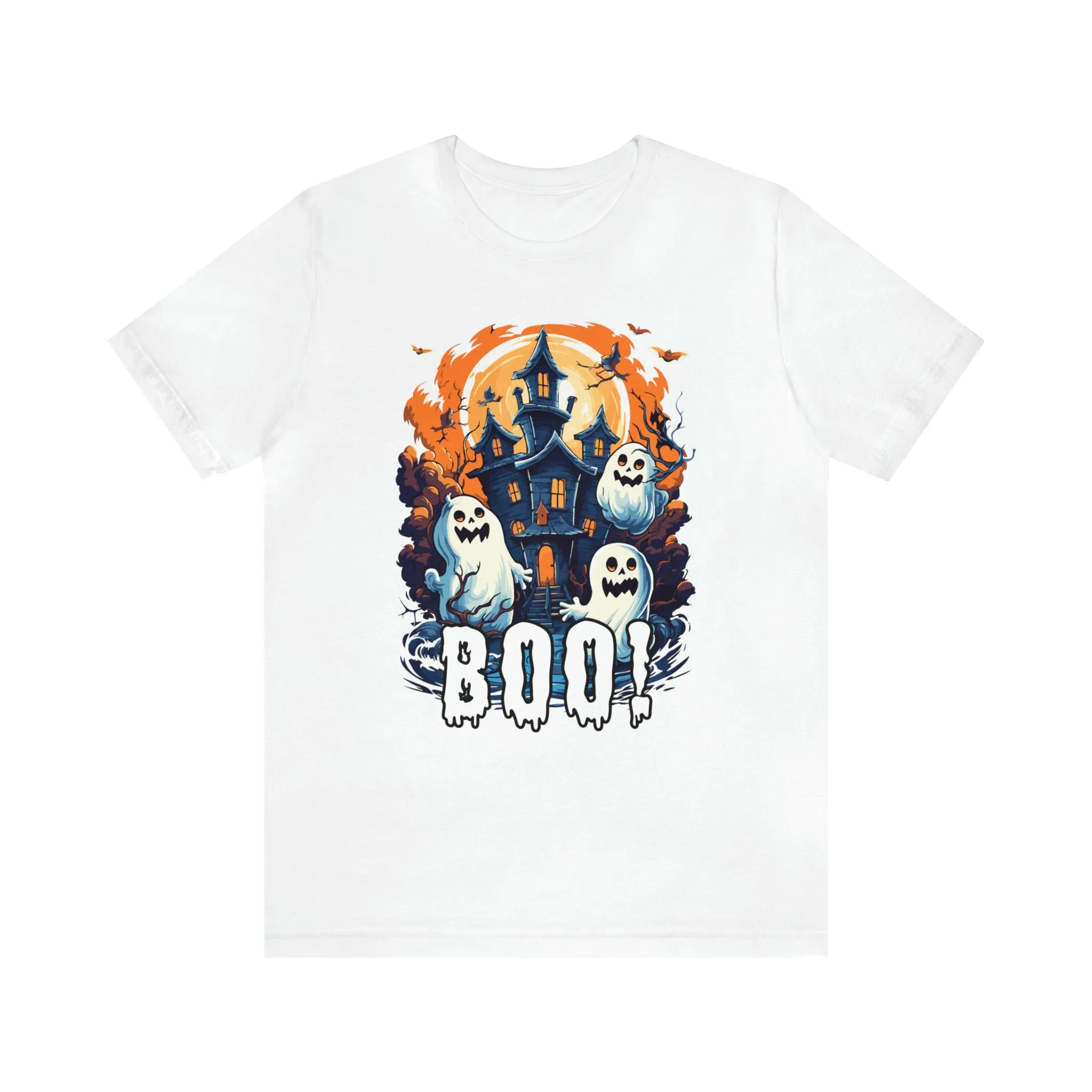 Boo! Haunted House Halloween T-Shirt | Scary House with Ghosts Tee |  Bella Canvas 3001Unisex | Spooky Short Sleeve Tshirt